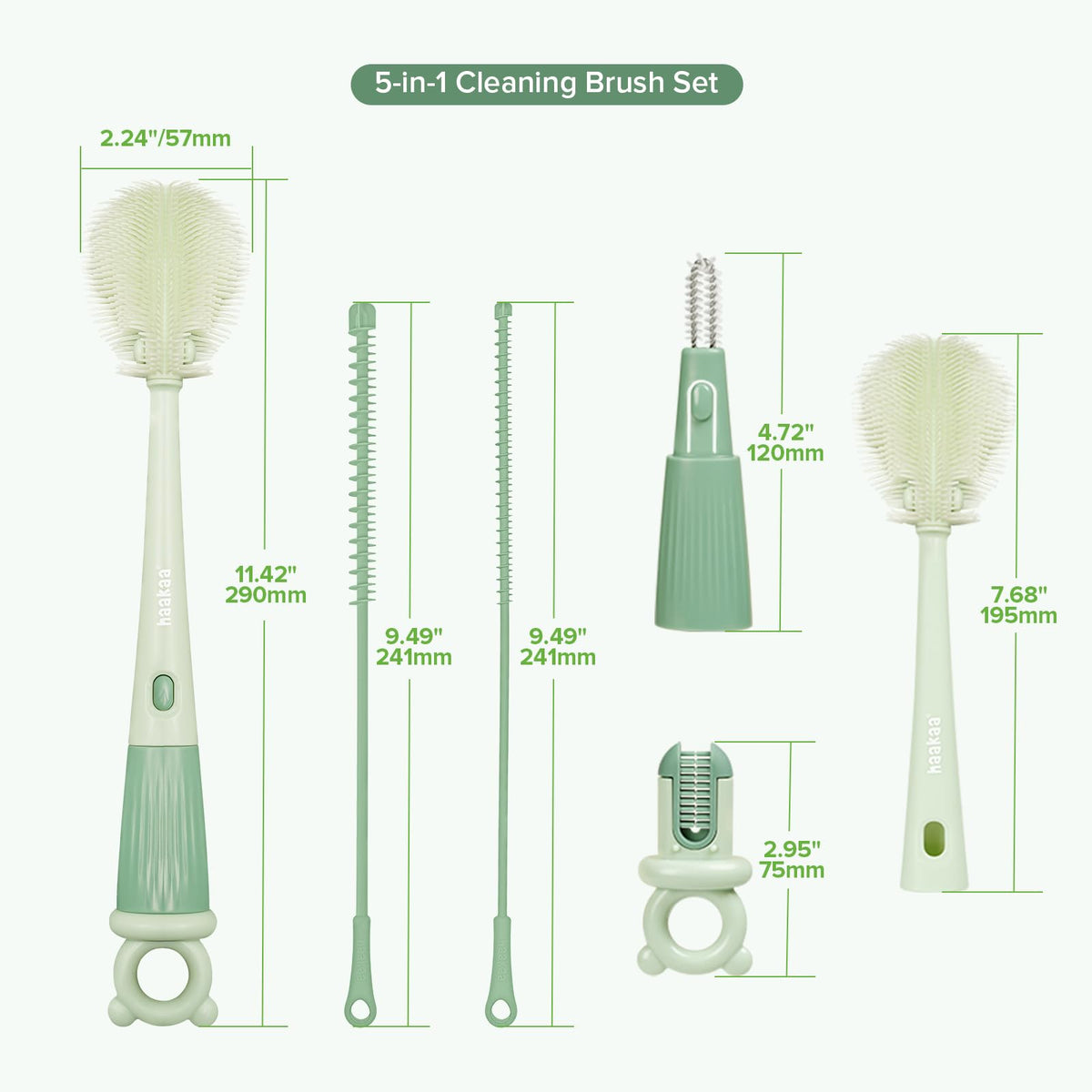 Haakaa - Juego de cepillos de limpieza 5 en 1 – cepillo para polvo de biberones y cepillo para polvo de biberones, limpieza integral multiusos de 360° para bombas de pecho, colector de leche materna