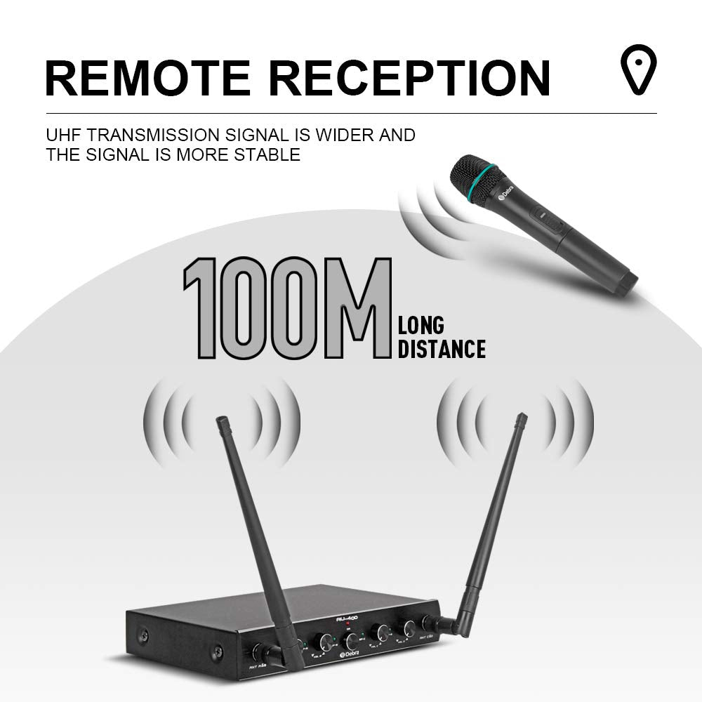 Debra Audio Pro UHF Sistema De Micrófono Inalámbrico De 4 Canales con Micrófonos Inalámbricos, Receptor De Metal, Ideal para La Fiesta De La Iglesia De Karaoke (with 4 Handheld (B))