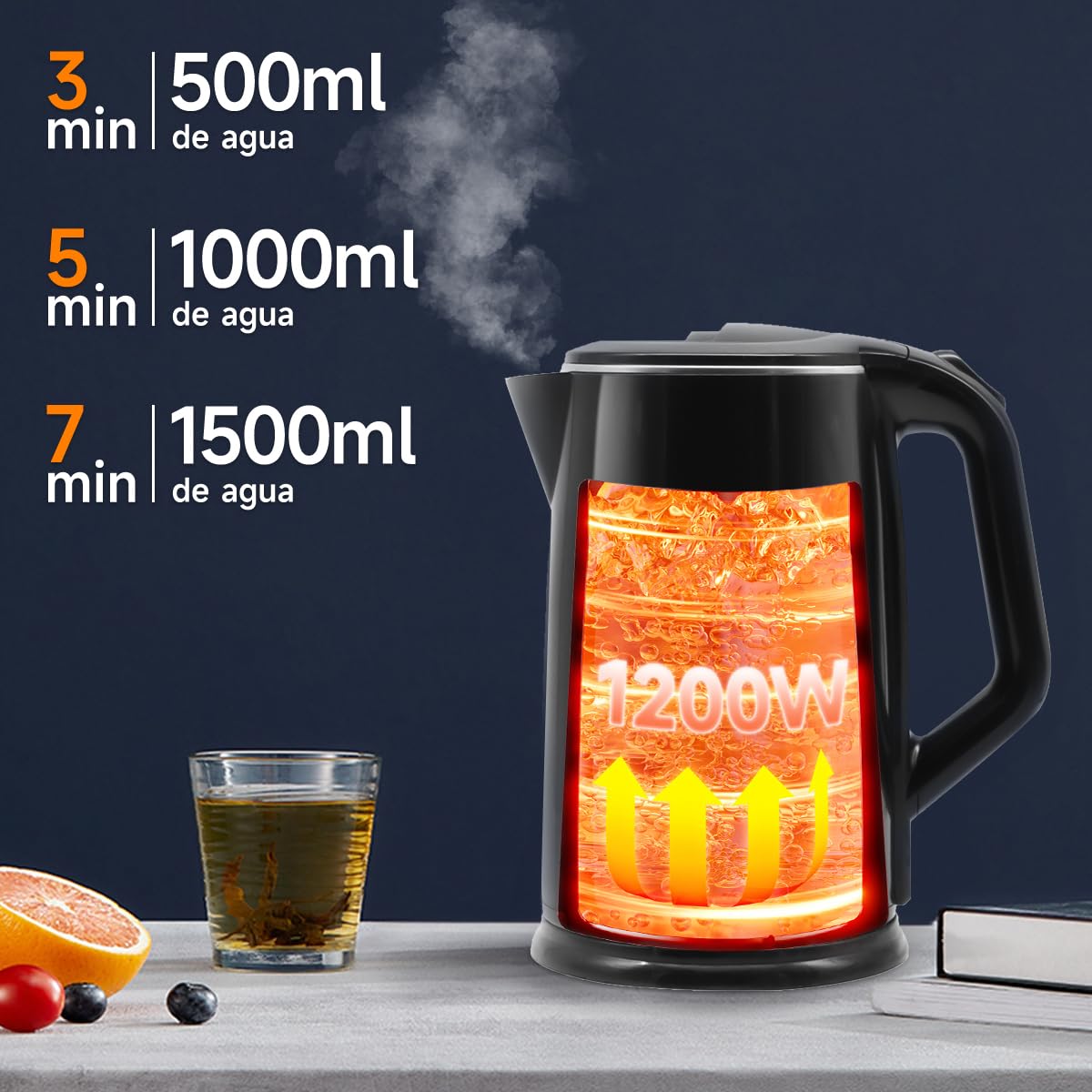 Aigostar Hervidor, Tetera Eléctrica de 1.7 Litros, Doble Pared de Acero Inoxidable, Apagado Automático, 1200w, Base Removible, Negro