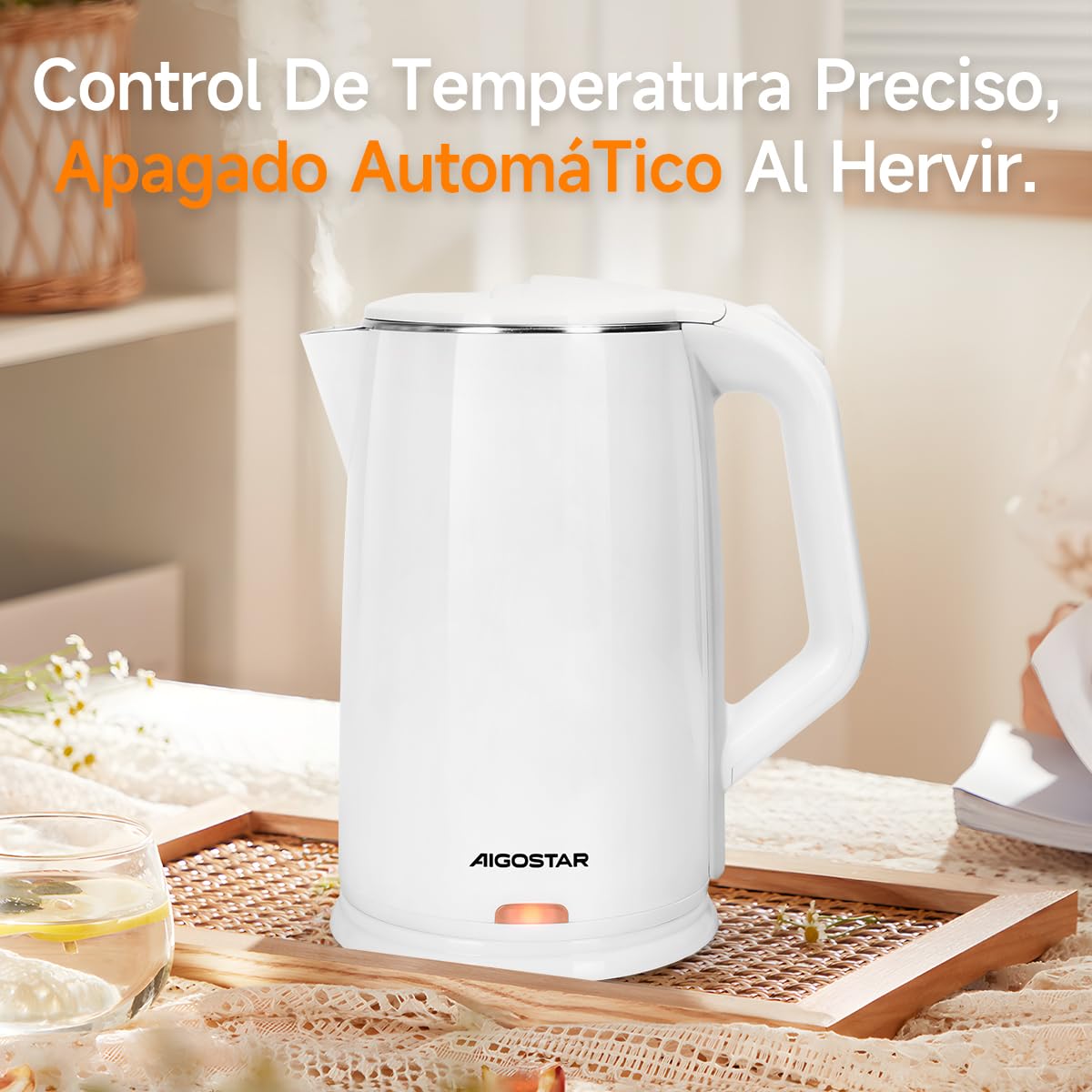 Aigostar Hervidor, Tetera Eléctrica de 1.7 Litros, Doble Pared de Acero Inoxidable, Apagado Automático, 1200w, Base Removible, Blanco (blanco)