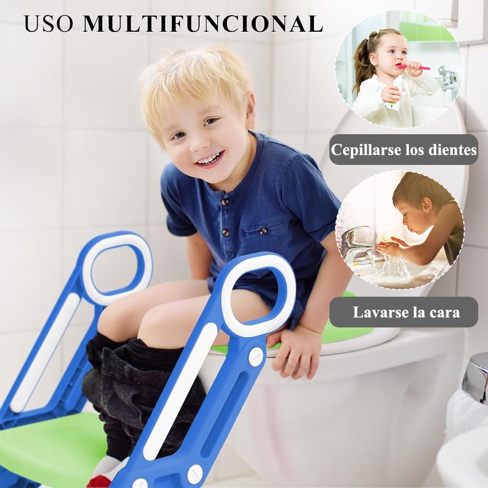 Baño Entrenador Niño, Asiento Entrenador para Baño con Tapizado y Escalera Antideslizante, Plegable Escalera para Baño Niños, Fácil de Guardar, Asiento Ergonómico, Edad de 3 a 10 Años, Verde Azulado