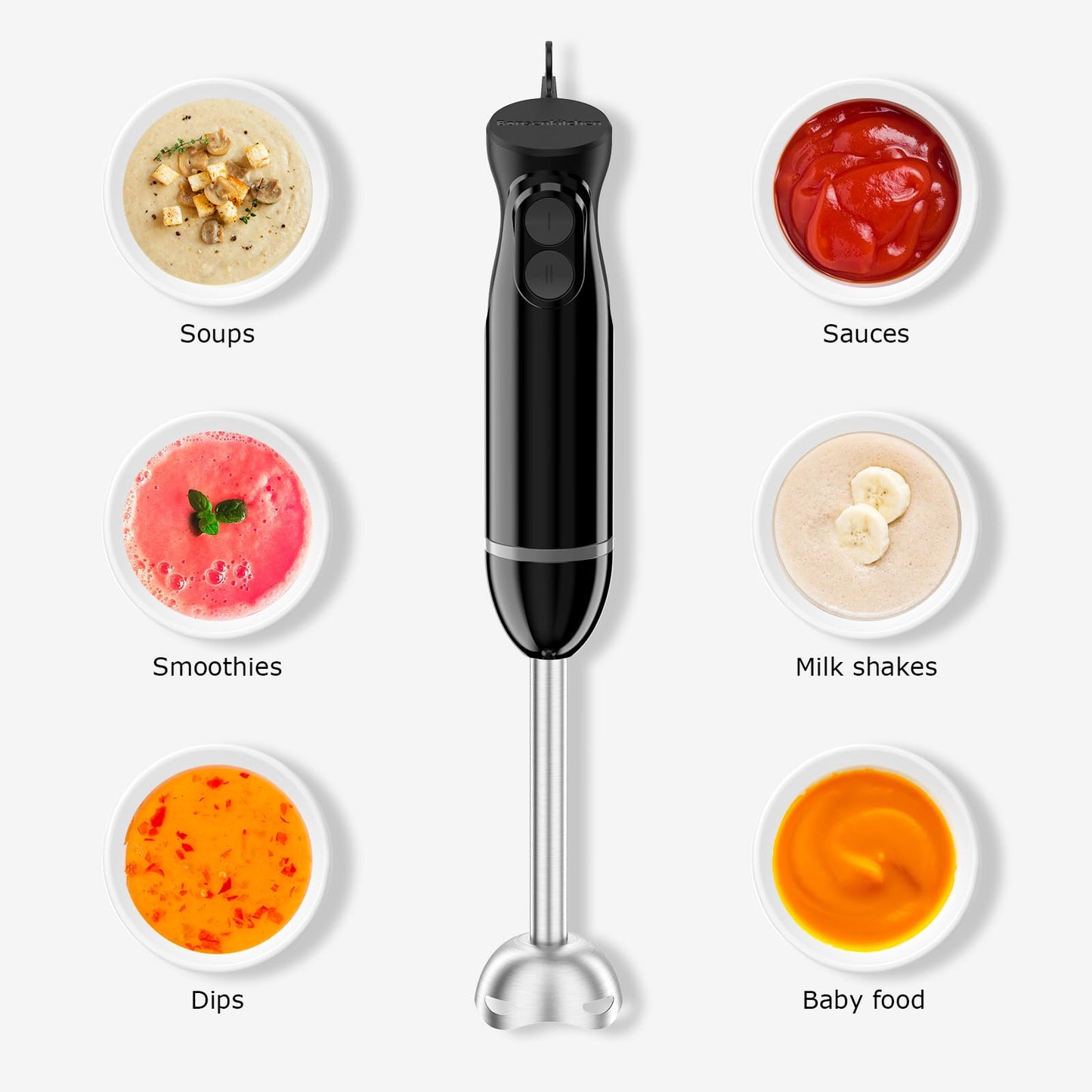 Bonsenkitchen Batidora de mano con 2 velocidades de mezcla, batidora de mano eléctrica portátil con cuchillas de acero inoxidable para sopa, licuado, puré, comida para bebés