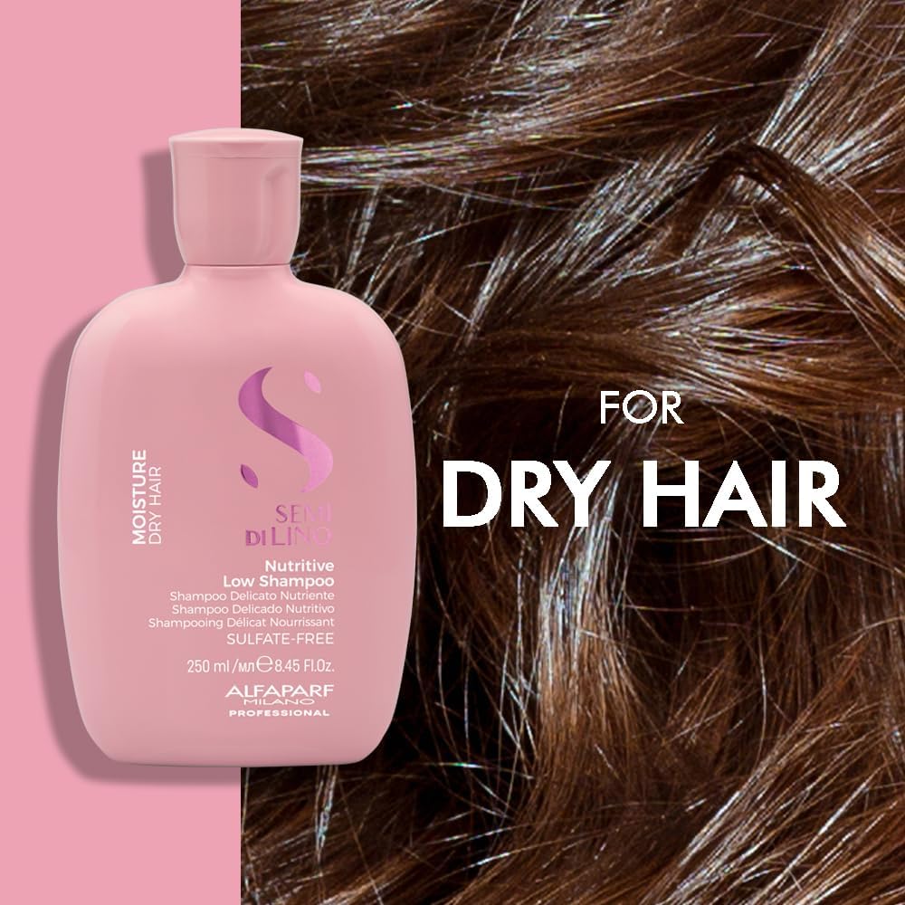 Champú hidratante sin sulfato Alfaparf Milano Semi Di Lino para cabello seco - Nutrición y protección para cabello teñido - Libre de SLS, parabenos y parafina - Calidad profesional de salón - 249 ml