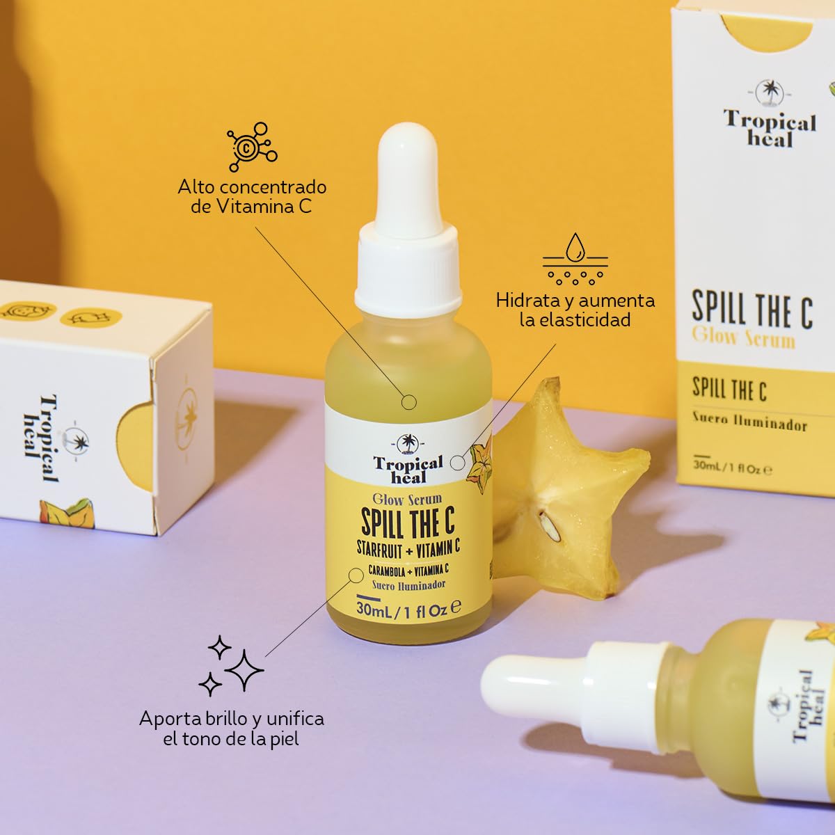 Tropical Heal - Spill The C Serum Facial Vitamina C Iluminador Antioxidante con Carambola y Ácido Ascórbico 10% - Piel Radiante y Suave, 30 ml