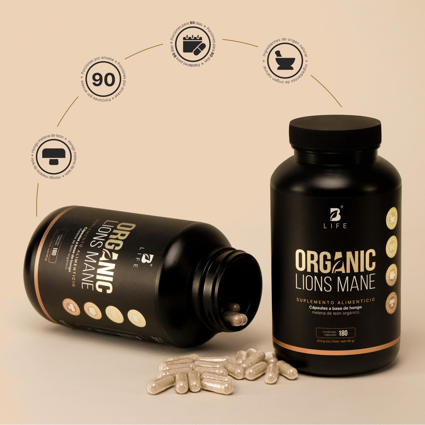 Hongo Melena de León | 100% Orgánico 1000 mg por porción. Adaptógeno Natural. 180 Cápsulas. Organic Lions Mane B Life.