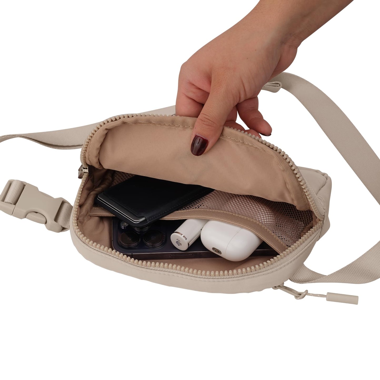 LuckyLy Cangurera para Mujer Deportiva y de Viaje, Bolsa Crossbody y Bandolera tipo Riñonera, Ligera, Repelente al Agua y con Múltiples Compartimentos, Regalos para Mujer y Mamá – Modelo Mina, Beige