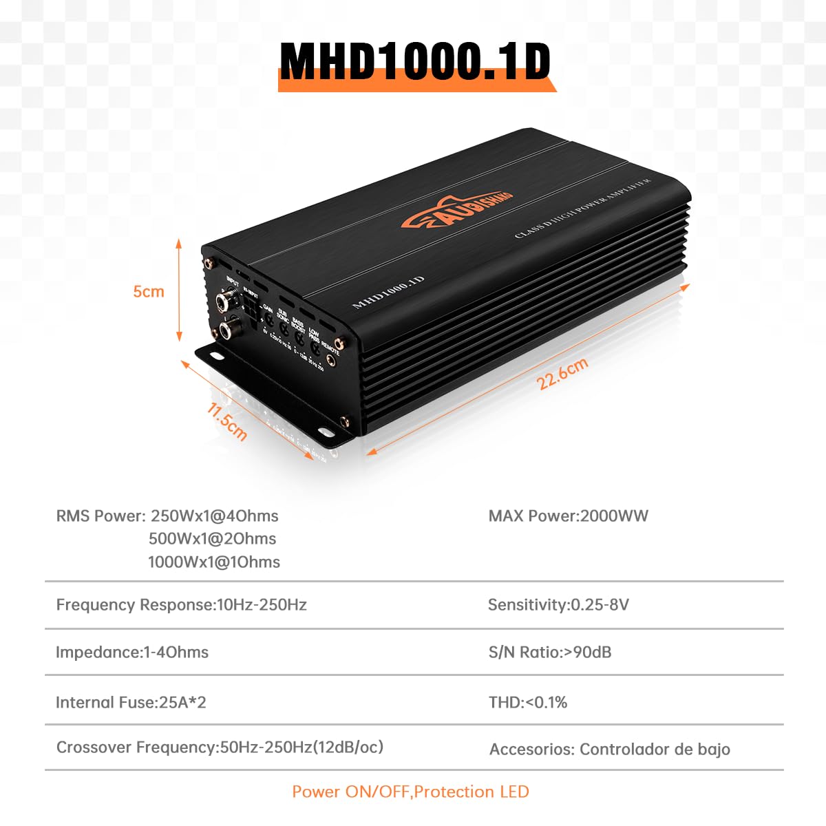 AUDISHAKO 2000W Amplificador de Audio para Coche de 1 Canal,Amplificador para Auto de Clase D, 2 Ohm 500W Subwoofer Amplificador para Motocicletas, Coches Deportivos y Otros Sistemas de Audio