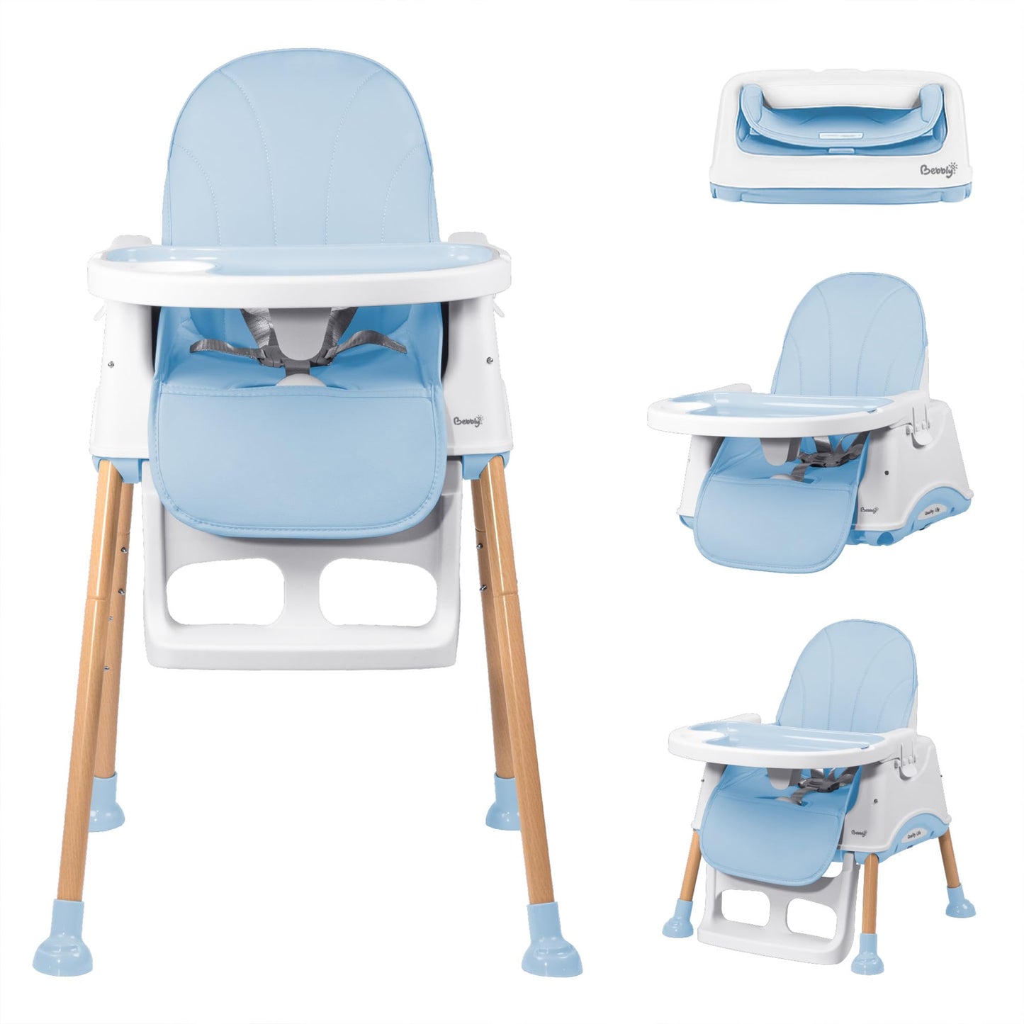 BEBBLY Silla Alta para Bebé con Patas de Madera Antiderrapante Asiento Ergonómico con Charola y Arnés de Seguridad Ideal para Comer o Jugar Niños y Niñas desde 6 Meses Moderna y Fácil de Limpiar (Azul)