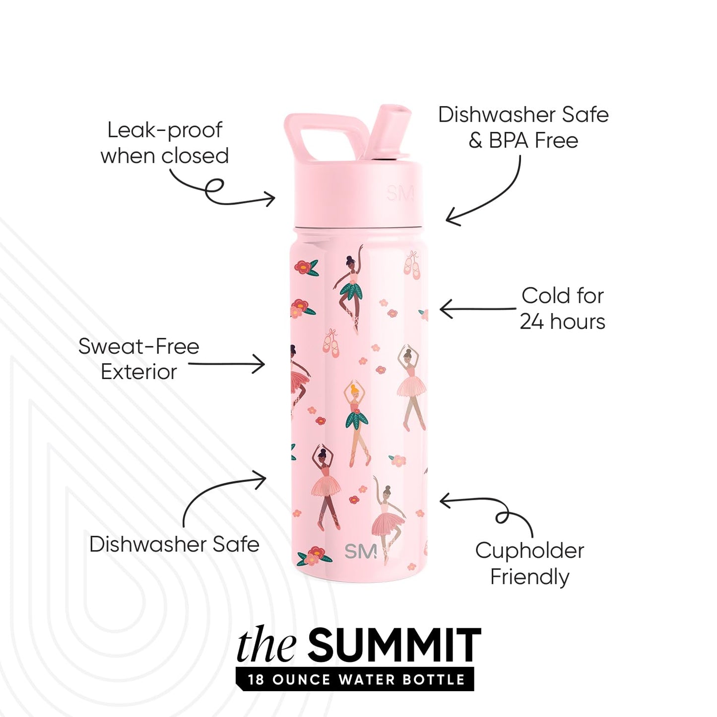 Simple Modern Kids Water Bottle with Straw Lid | Insulated Stainless Steel Reusable Tumbler for Toddlers, Girls | Summit Collection | 18oz, Pink Ballerina
