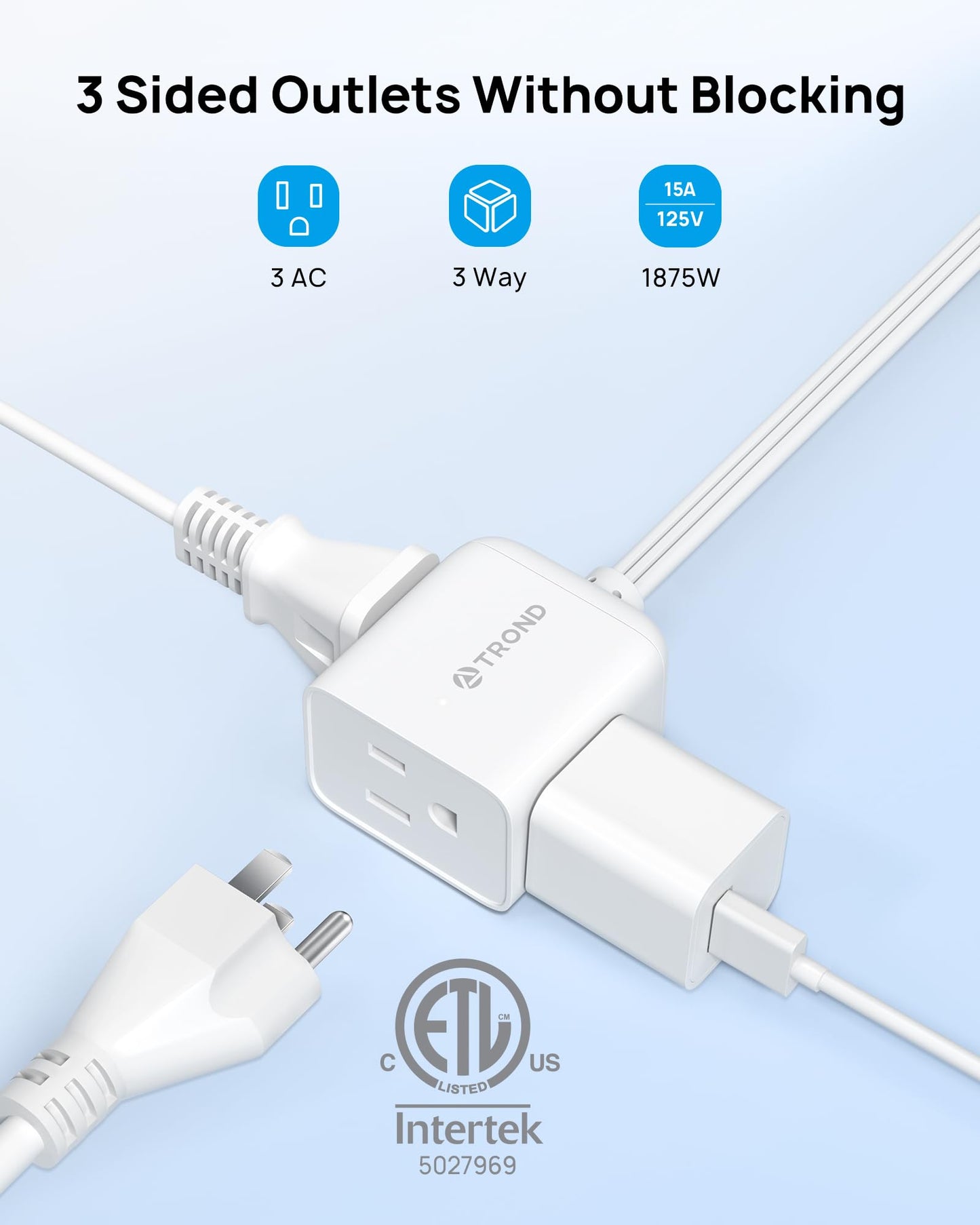 TROND Regleta Multicontacto Extensor de Enchufe Plano con Cable de 15CM, Divisor de Enchufe Multiplataforma, Adaptador de Enchufe Plano Extensor de Pared, Adaptador para Hogar, Oficina