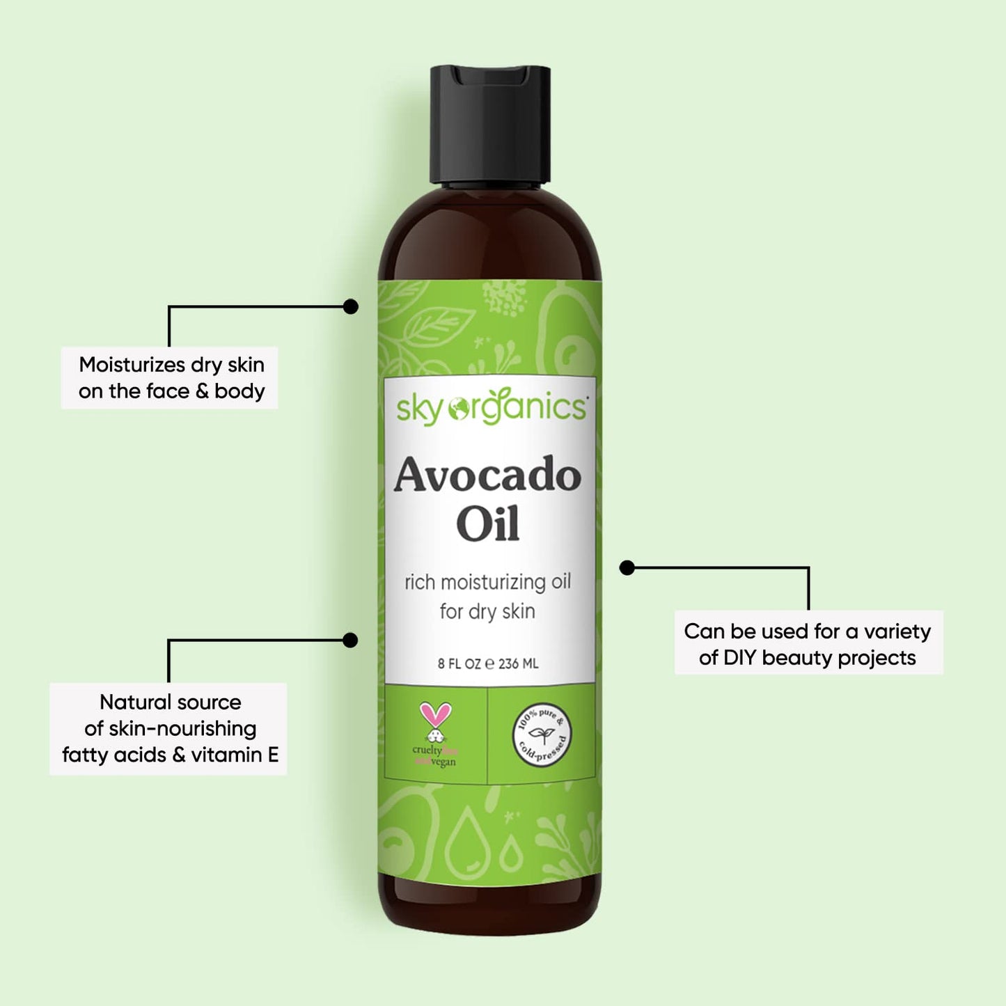 Avocado Oil by Sky Organics - 100% Pure, Natural & Cold-Pressed Avocado Oil - Ideal for Massage, Cooking and Aromatherapy- Rich in Vitamin E and Oleic Acid - 8oz