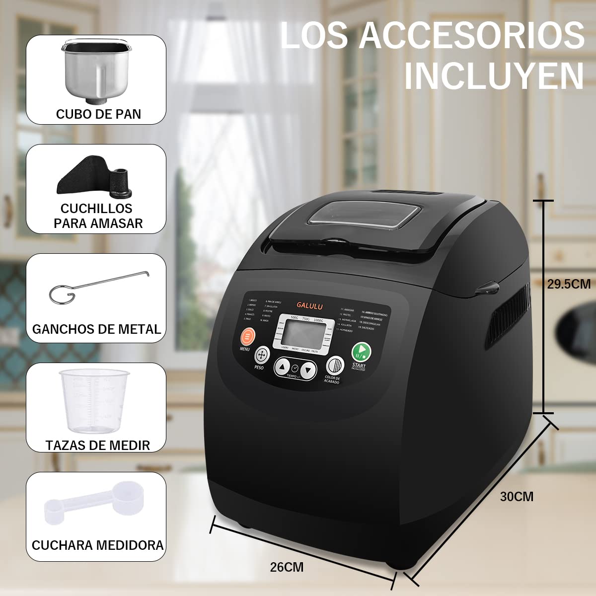 GALULU - Máquina para hacer pan,Máquina de pan con 19 preestablecidos, Función sin gluten,Ajustes de aislamiento,3 tamaños de pan,Recetas y accesorios incluidos,2 Libras Negro)