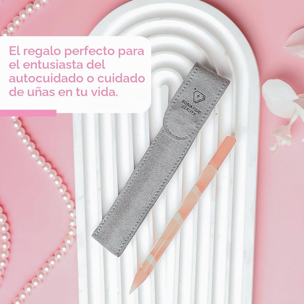 Bona Fide Beauty, empujador de cutículas de vidrio, 1 barra de manicura checa rosa suave para removedor de cutículas, barra de cutícula de vidrio reutilizable de doble cara de larga duración