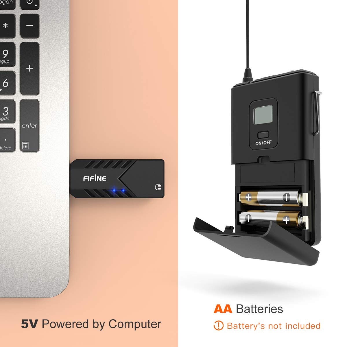 FIFINE - Micrófonos inalámbricos para Ordenador, Sistema de micrófono inalámbrico USB para PC y Mac, Auricular UHF con Receptor USB, transmisor, Auriculares y Clip Lavalier Solapa Mic-K031B