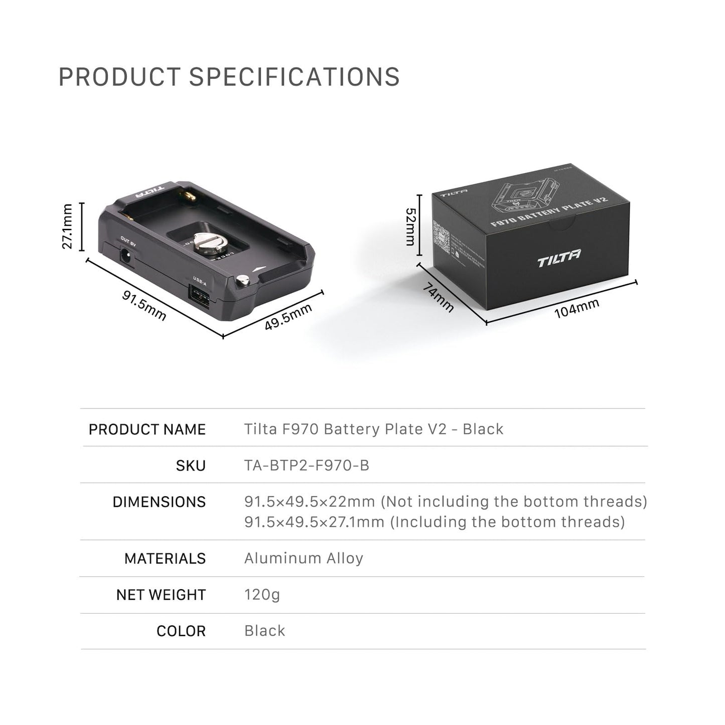 Tilta F970 - Placa de batería V2 - Negro | Universal | Anti rotación | Accesorios de alimentación | USB-C de doble dirección | Indicador de batería | TA-BTP2-F970-B