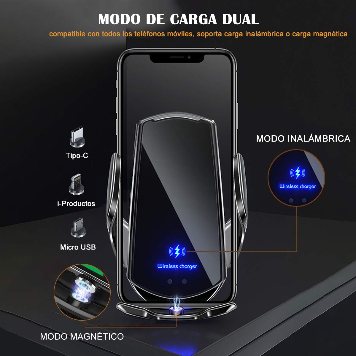 Cargador de Coche DQST Inalámbrico con Sujeción Automática y Soporte de Ventilación para Teléfonos Móviles