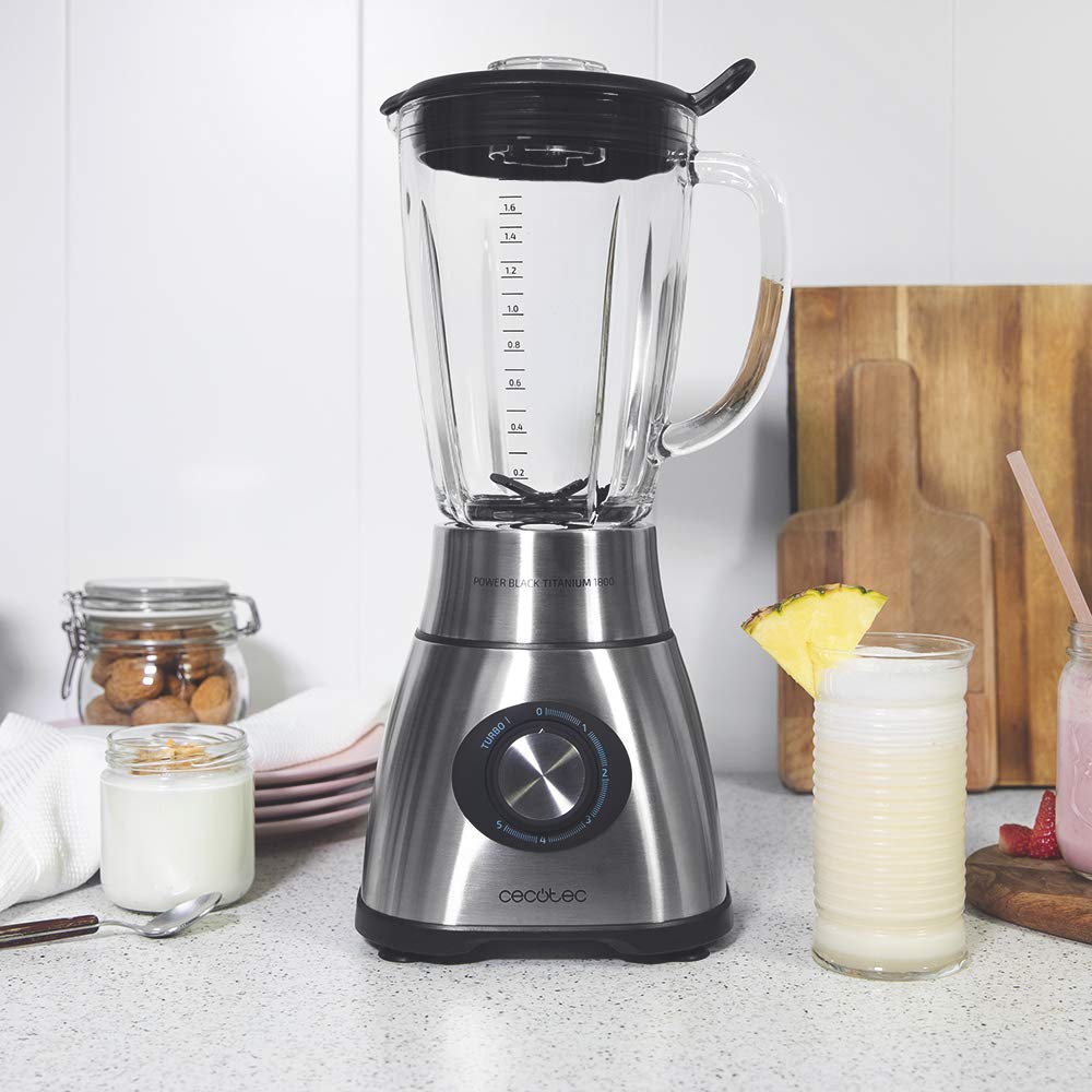 Cecotec Batidora Vaso Power 1800. Capacidad 2,1L, 1800 W, Cuchilla de 6 Hojas de, Filtro Licuados, Jarra Termorresistente, Titanio, Black