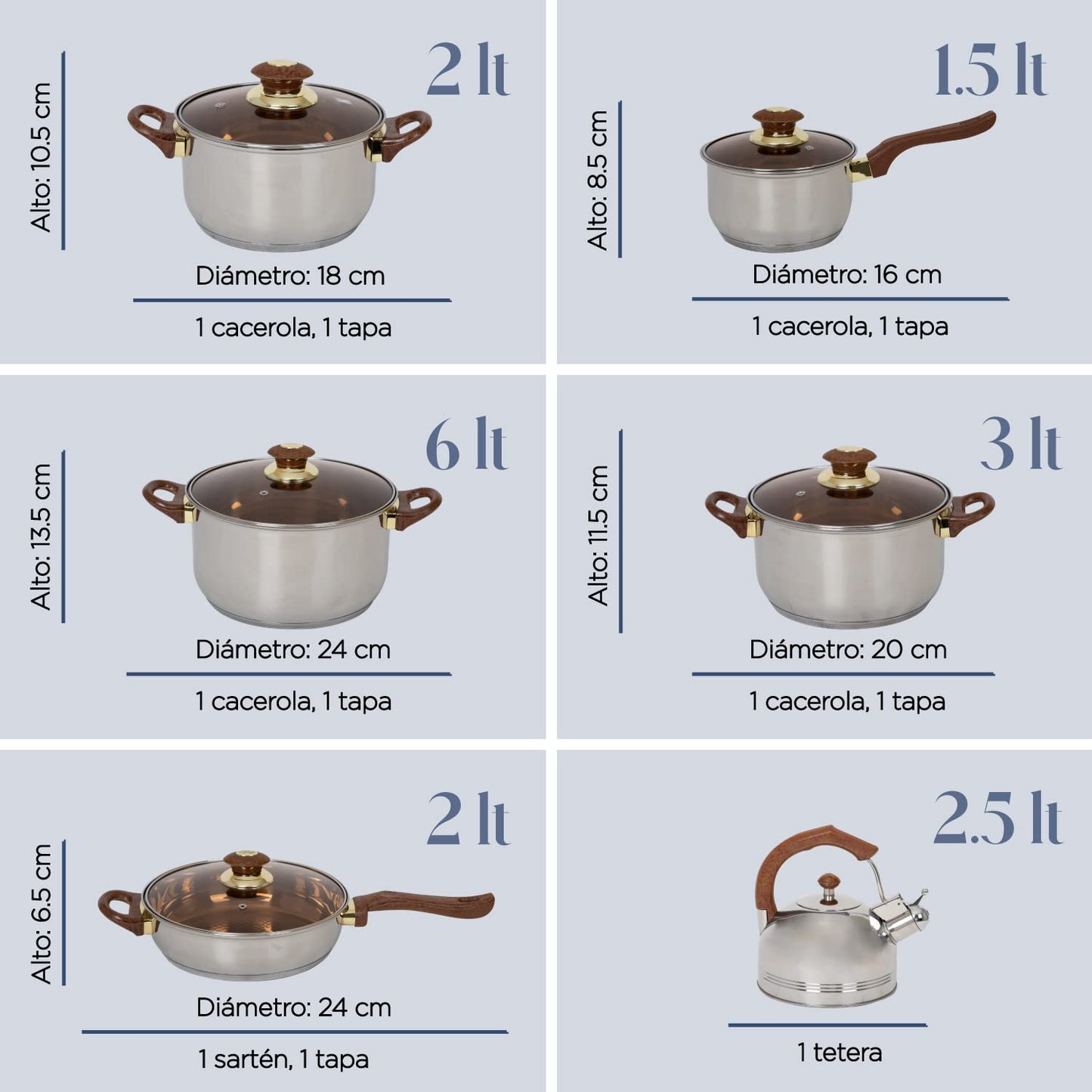 COLORHOME DESIGN | Batería de Cocina Acero Inoxidable - 11 Piezas – Triple Capa Y Tapas de Vidrio Templado – Mango de Baquelita Marrón - Juego de Caserolas de Cocina, Sartén, Teterá
