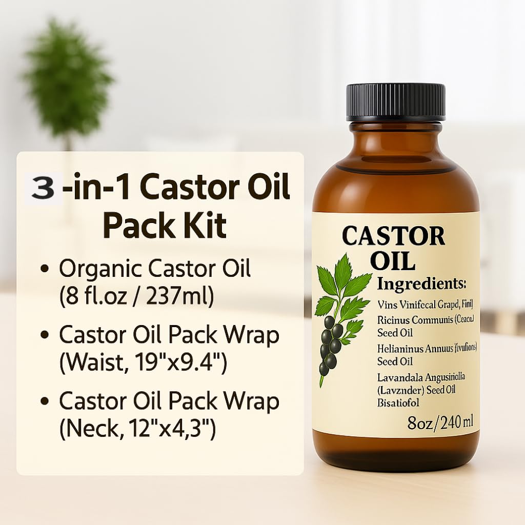 BESEFFIE Paquete de aceite de ricino orgánico - Kit de paquete de aceite de ricino para ombligo, algodón para desintoxicar el estómago, el hígado, el cuello, el abdomen y la cintura - Orgánico, prensa