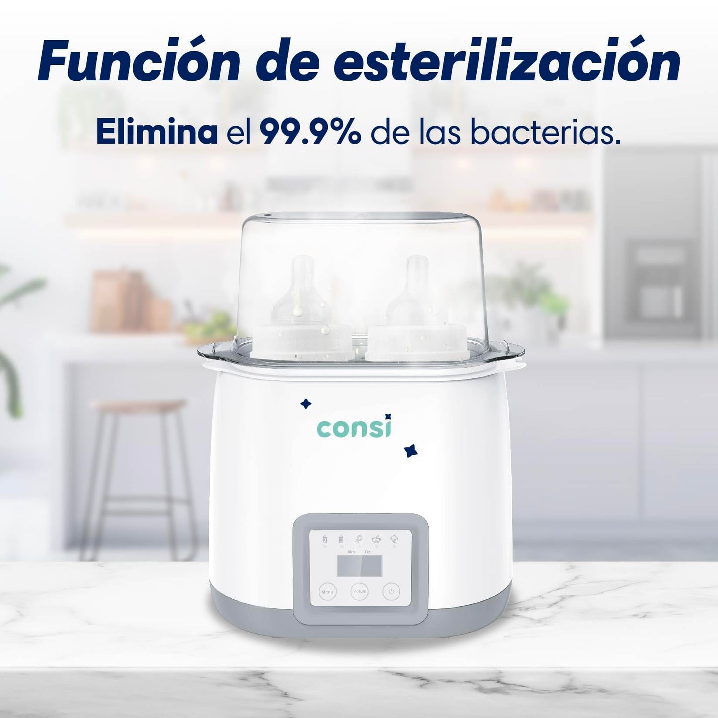 Consi Calentador y Esterilizador para 2 Biberones 5 en 1, Calentamiento Rápido, con Temporizador, Libre de BPA, calentador biberones, calentador de mamilas, biberones, calentador de leche | CMD01