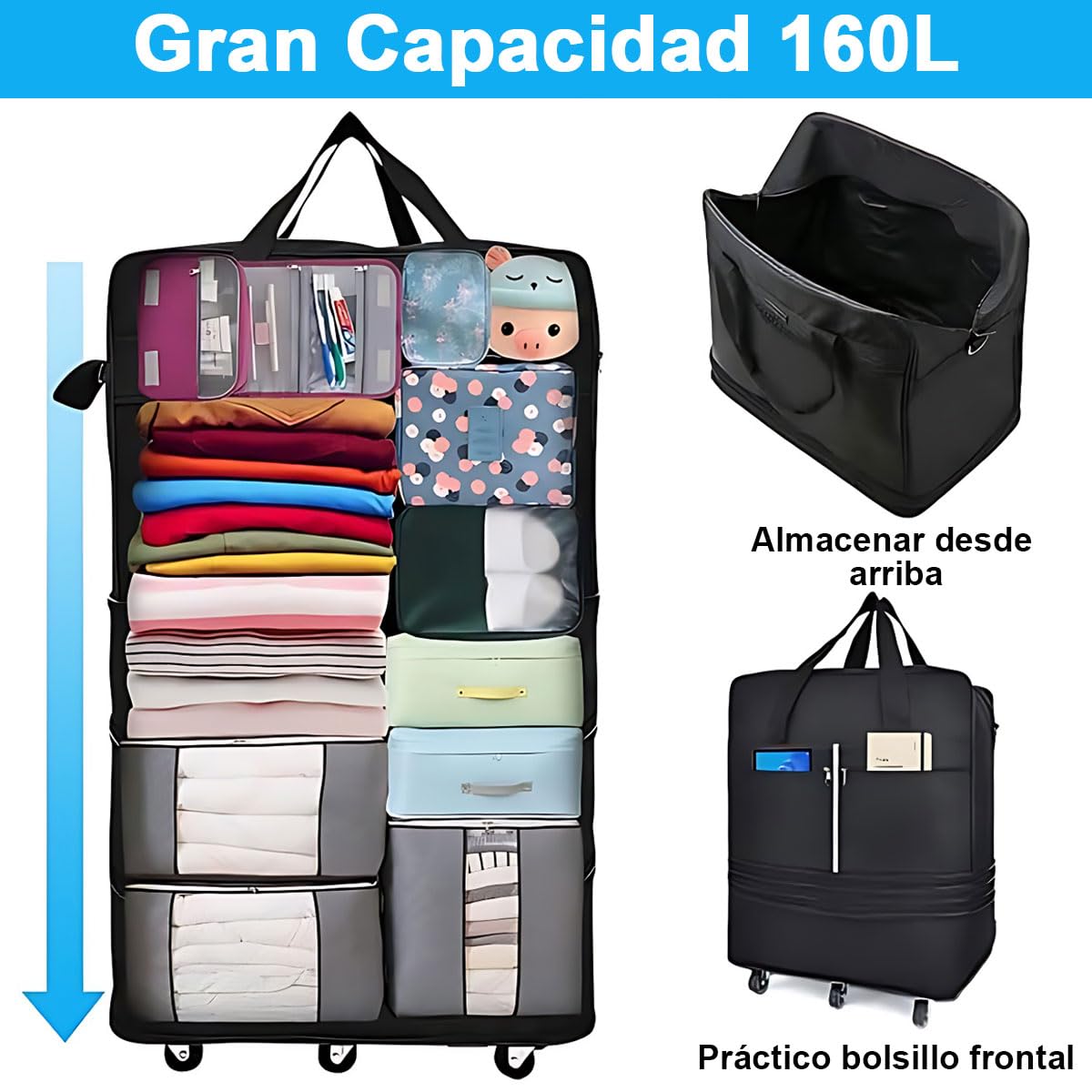 Bolsa de Equipaje AdooAdii Negra Gran Capacidad con Ruedas 360º Resistente y Ligera para Viajes Negocios y Hogar