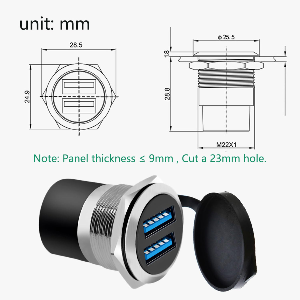 Adaptador de Montaje en Panel USB 3.0 YiKaiEn Negro Conector Redondo con Cubierta Impermeable