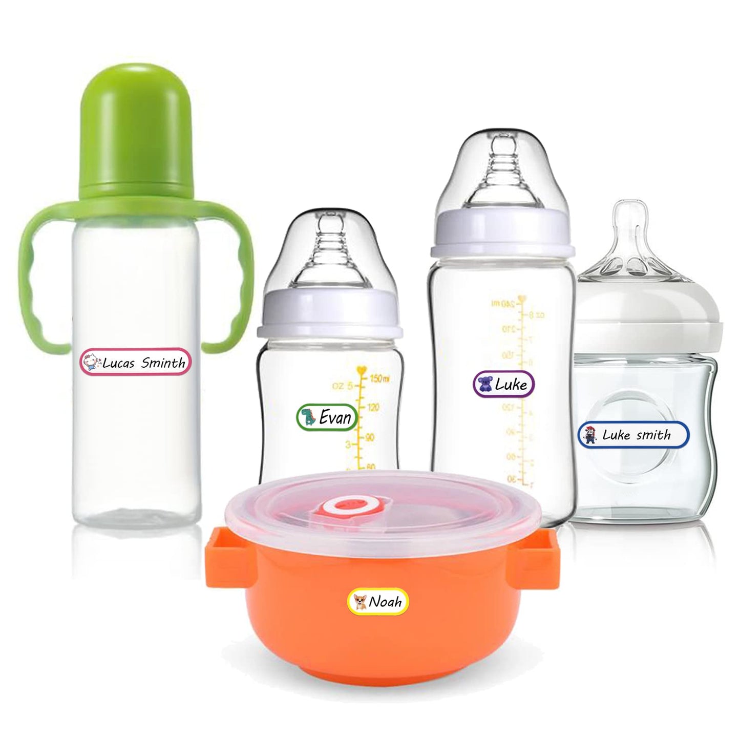 Etiquetas para biberones de bebé para suministros de guardería, 128 etiquetas impermeables para guardería, autolaminadas, aptas para lavaplatos, etiquetas de nombre escolar para cosas de niños, etiquetas de nombre para botellas de agua de plástico