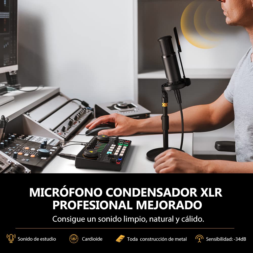 MAONO Mezcladora Interfaz de Audio con Micrófono Condensador XLR, Caster Podcast Studio Kit Todo en Uno para Grabación, Streaming, voz en off, Youtube, DJ, PC, Guitarra (AME2A)