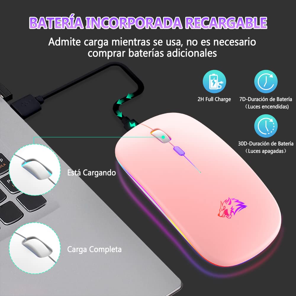 Free wolf X15 Mouse Inalámbrico, Mouse Bluetooth y 2.4GHz Modos Dual Recargable y Ergonómico, Click Silencioso con Receptor USB 3 Ajustable dpi Ratón para Computadora, Portátil, PC, Mac (Rosa)