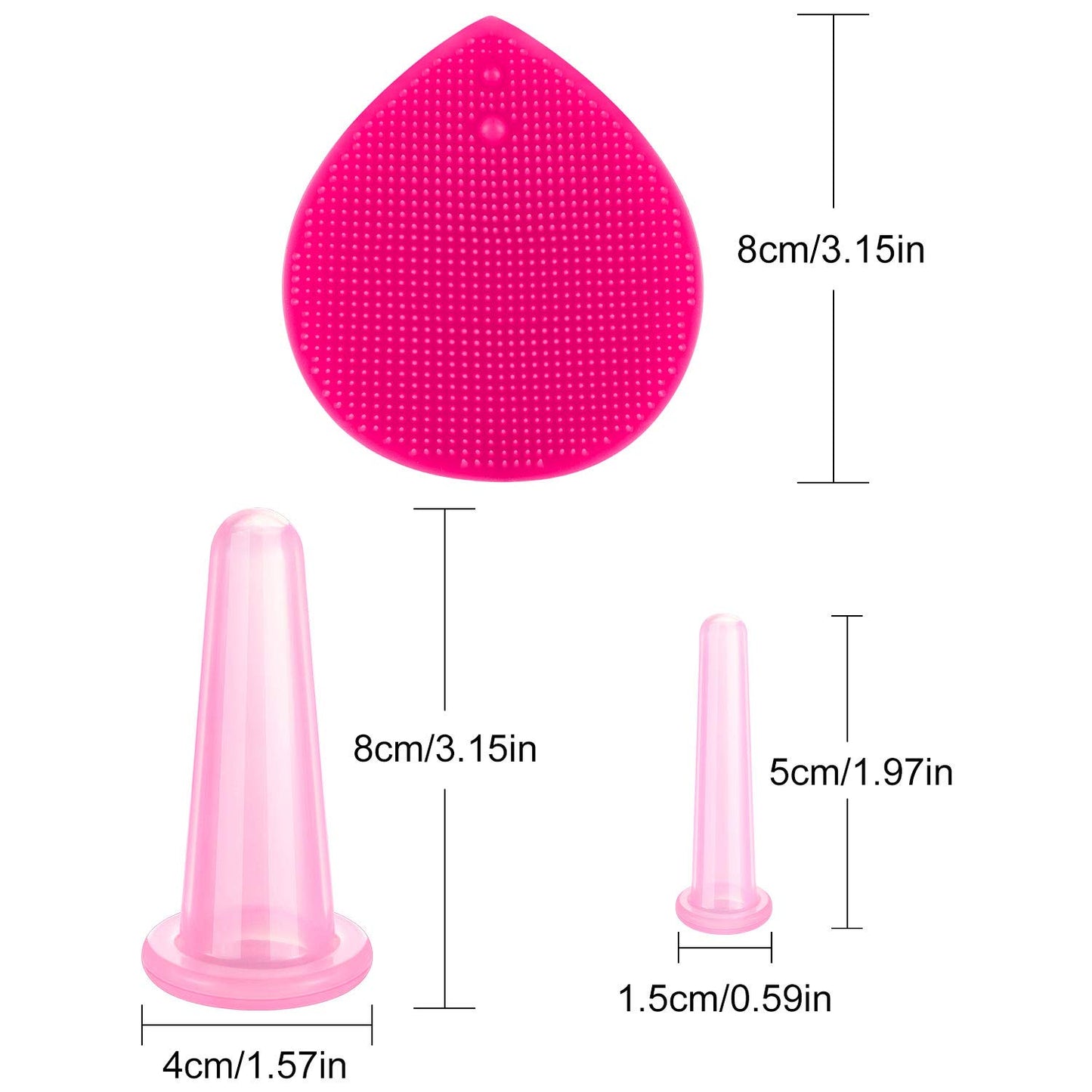 Juego de ventosas faciales para masaje facial y ojos, juego de tazas de silicona con cepillo exfoliante para la cara y el cuello (pequeño, mediano, rosa)