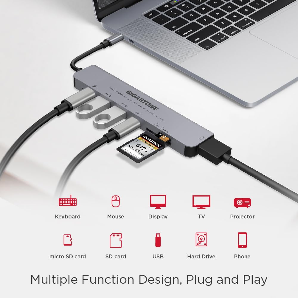 GIGASTONE Adaptador multipuerto 7 en 1 para iPad, MacBook Pro Air con divisor HDMI 4K, Thunderbolt PD 100W, lector SD/microSD, dongle para iPhone 15, Chromebook, Surface, Tab S9, Zenbook, XPS