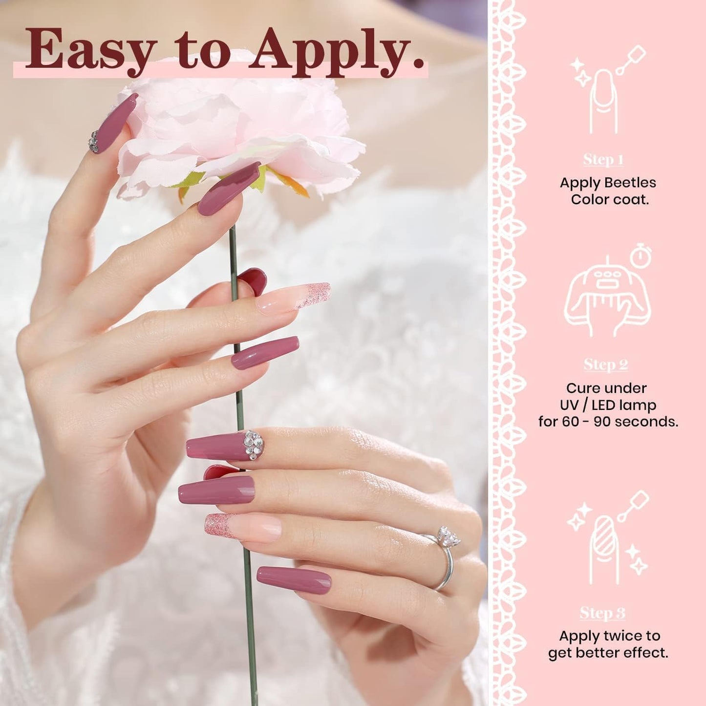 Beetles Juego de esmalte de uñas de gel romántico para boda, regalo de día festivo, día de San Valentín, 6 colores clásico francés blanco suave rosa con purpurina para dama de honor, kit de esmalte de uñas en gel para remojar el esmalte de gel UV, kit de