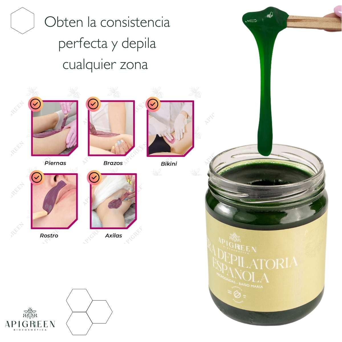 APIGREEN - CERA ESPAÑOLA DEPILATORIA (400GRS) + APLICADORES, PIEL SENSIBLE - BIKINI, ROSTRO, PIERNAS, BARBA | DEPILA SIN DOLOR | EFICAZ EN TODO TIPO DE VELLO (Clorofila)