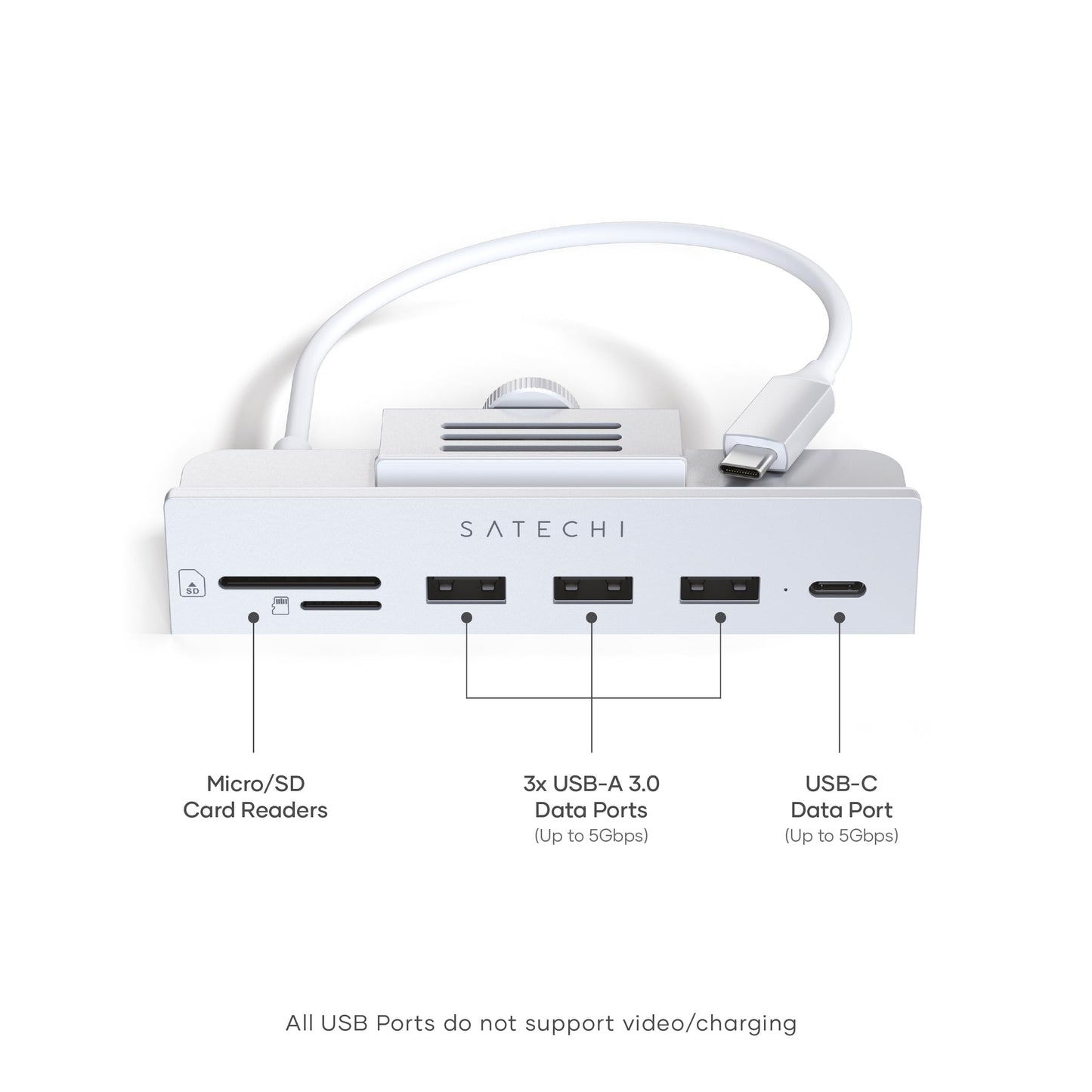 Hub USB C SATECHI Plata con Pinza y Lector de Tarjetas para Apple Studio Display y iMac M1 2021