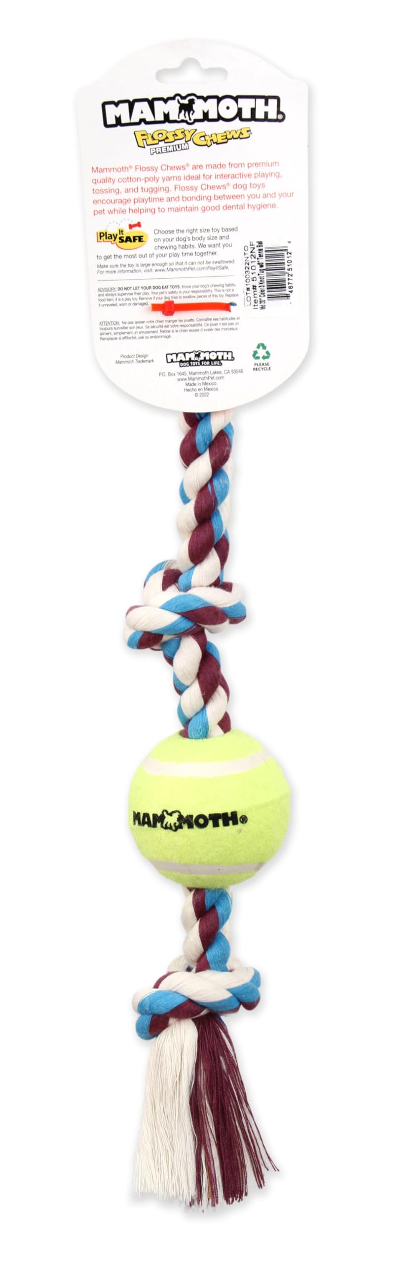 Mammoth Flossy Chews Color 3 Knot Tug w/Standard Tennis Ball – Premium Cotton-Poly Tug Toy for Dogs – Interactive Dog Tug Toy – Rope Dog Toy with Tennis Ball for Medium Dogs - 20”