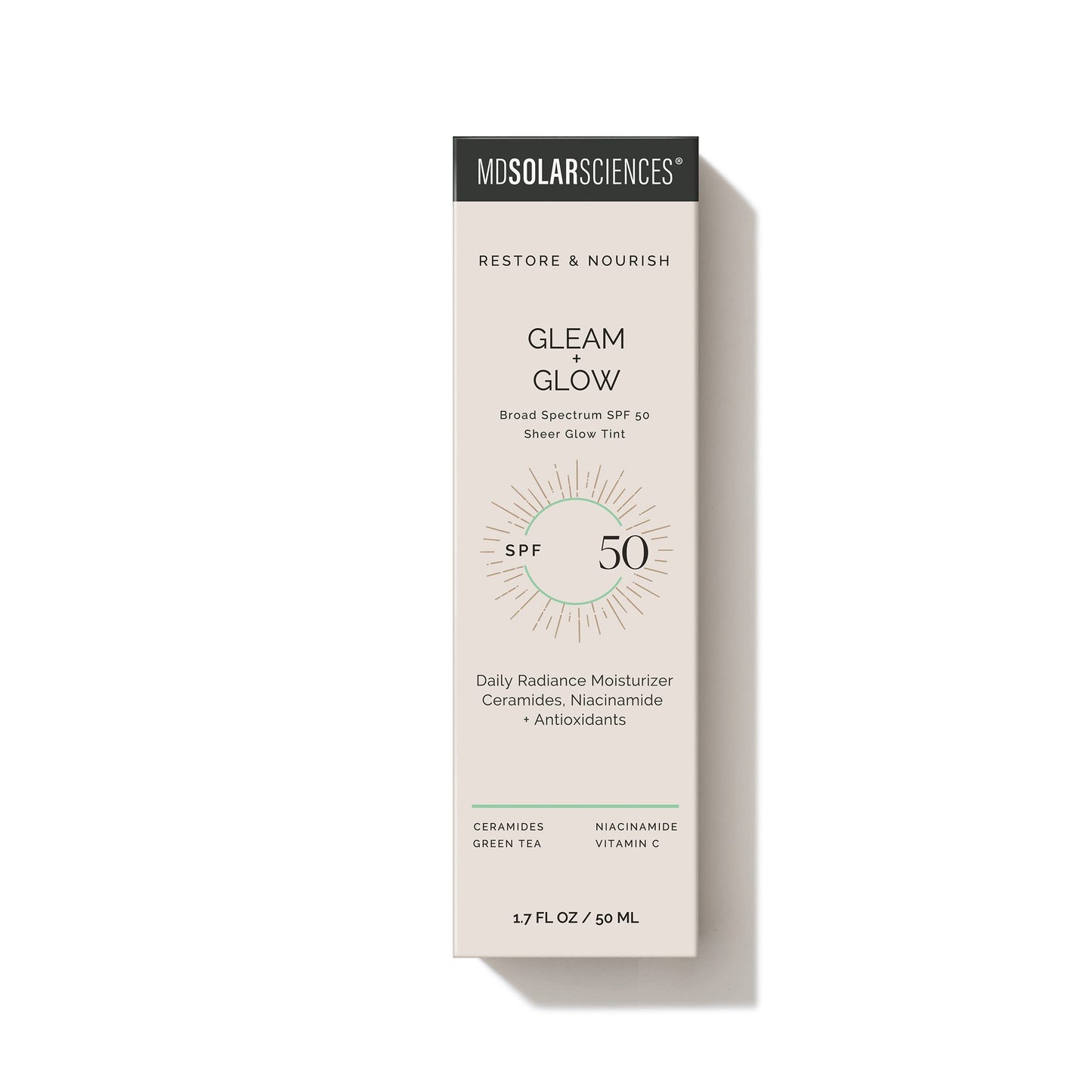 MDSolarSciences Gleam and Glow SPF 50 - Contains Skin Nourishing Ingredients - Restores, Plumps and Protects your Epidermis - Wear Alone or Used for Illuminating Primer - 50 ml Moisturizer
