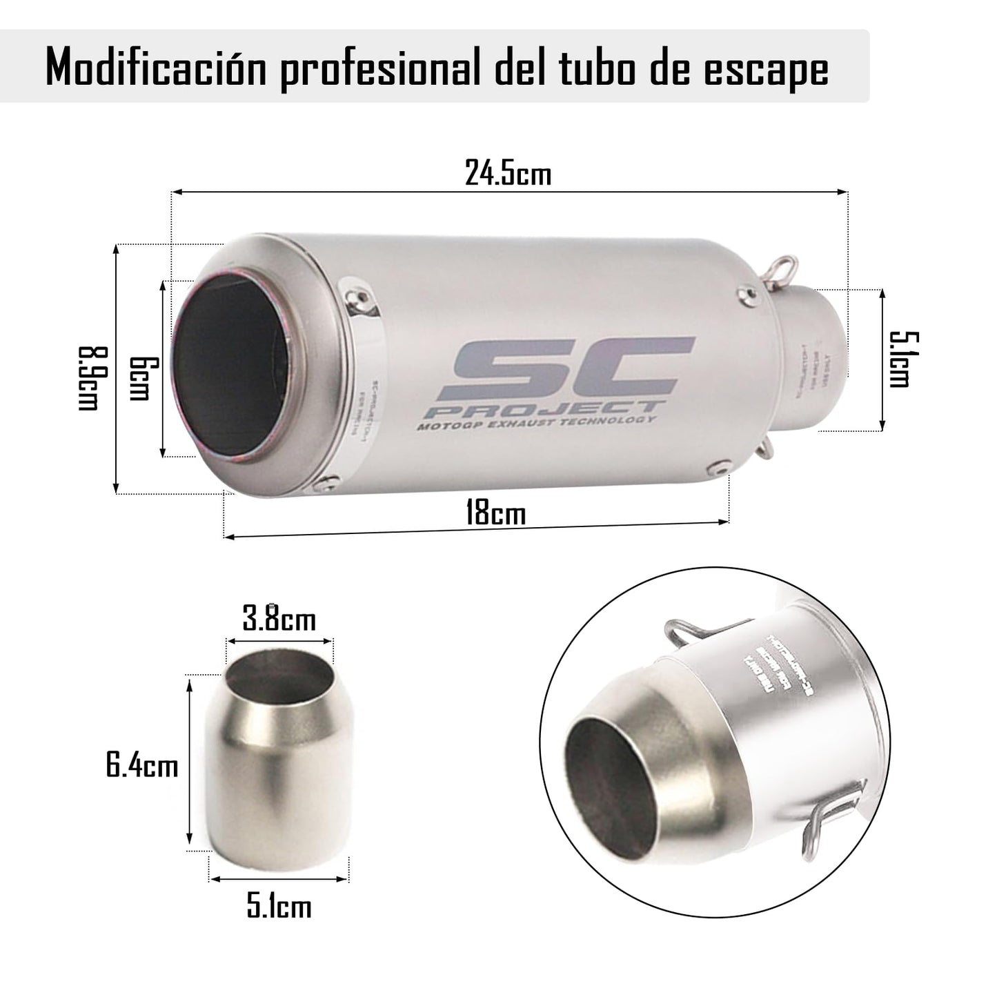 IOAGSVW Escape de Moto, Tubos de Escape Universal de 51mm, Tubo de Escape de Acero Inoxidable para Motos, Dirt Bikes, Street Bikes, Scooters, Atvs Y Más