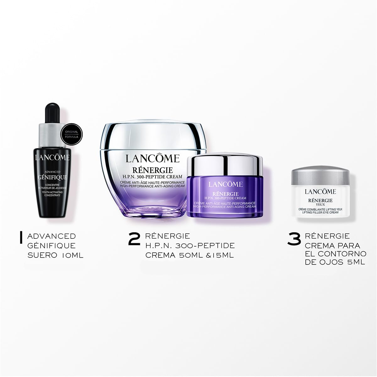 Lancôme, Rénergie, Set de Regalo, Crema de Rostro Rénergie H.P.N. 300 Peptide 50 ml y 15 ml + Crema Para Contorno de Ojos Rénergie 5 ml + Suero Advanced Génifique 10 ml, Para Imperfecciones y Arrugas, 3 Piezas