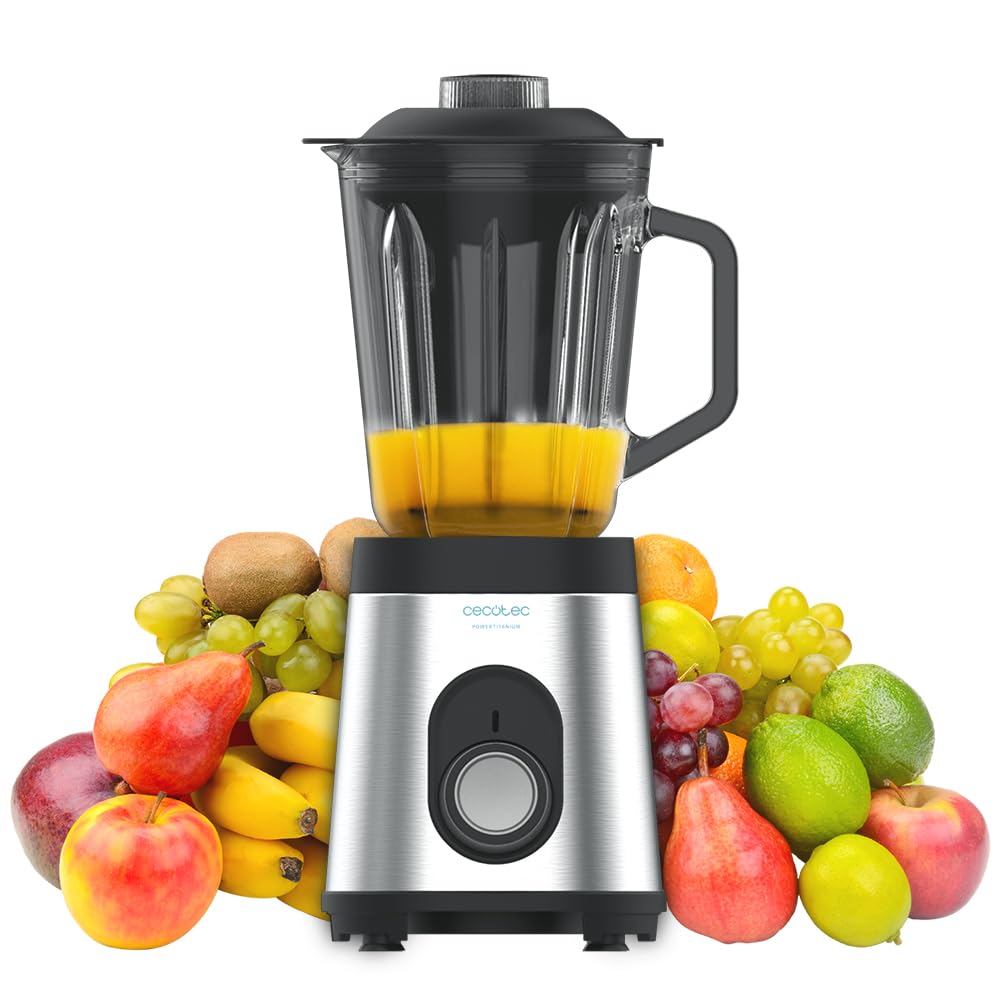 Cecotec Batidora de Vaso Power Black Titanium 1000 INOX. 1000 W, Cuerpo de Acero Inoxidable, Cuchilla de 6 Hojas con Recubrimiento de Titanio Negro, Jarra de Vidrio 1.5 L, 5 Velocidades