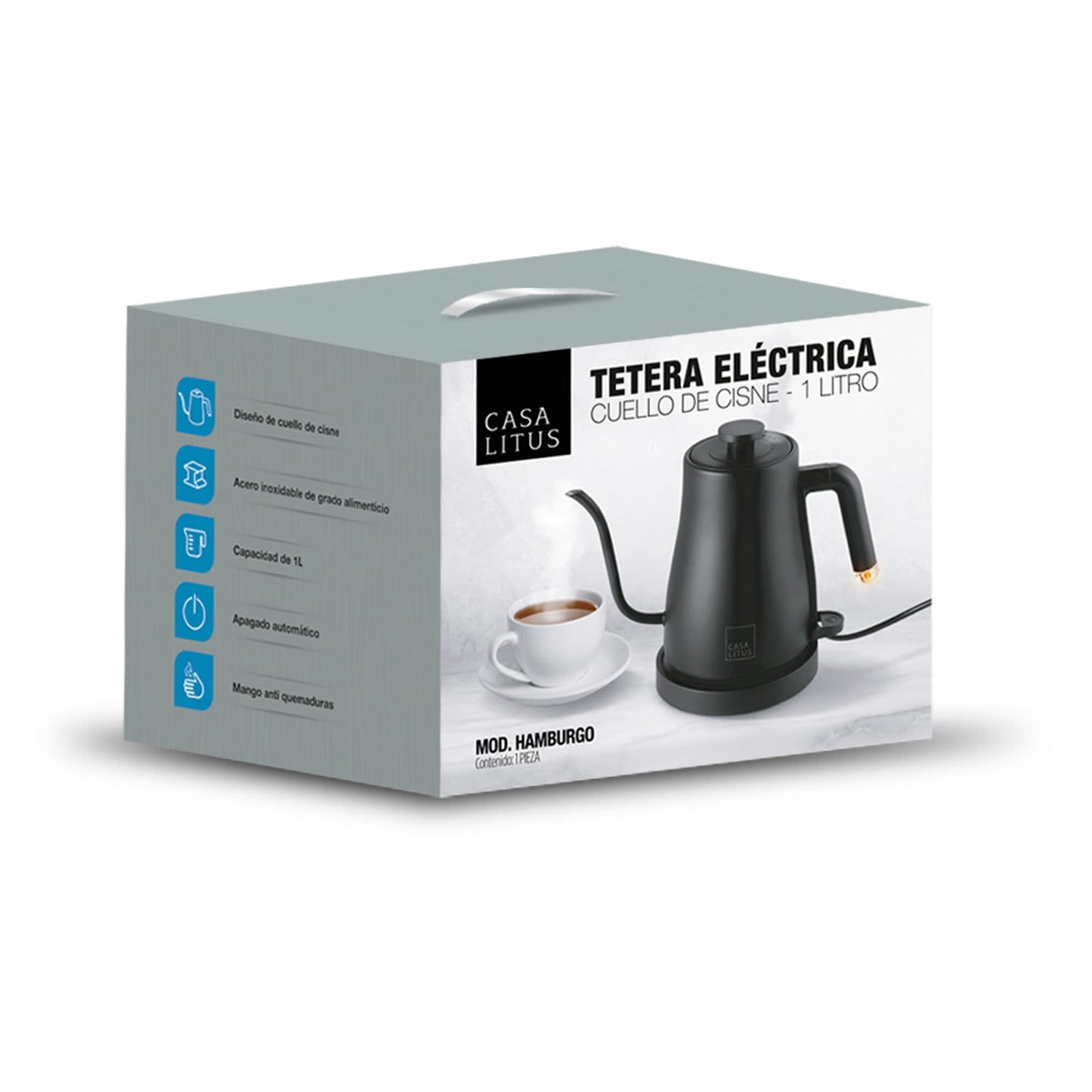 CASA LITUS Tetera Eléctrica de Acero Inoxidable con Cuello de Cisne, Hervidor de Agua Eléctrico con Apagado Automático y Tapa Hermética, Jarra para Preparar Café, Té y más, Cap. 1 Litro, Mod. Hamburgo