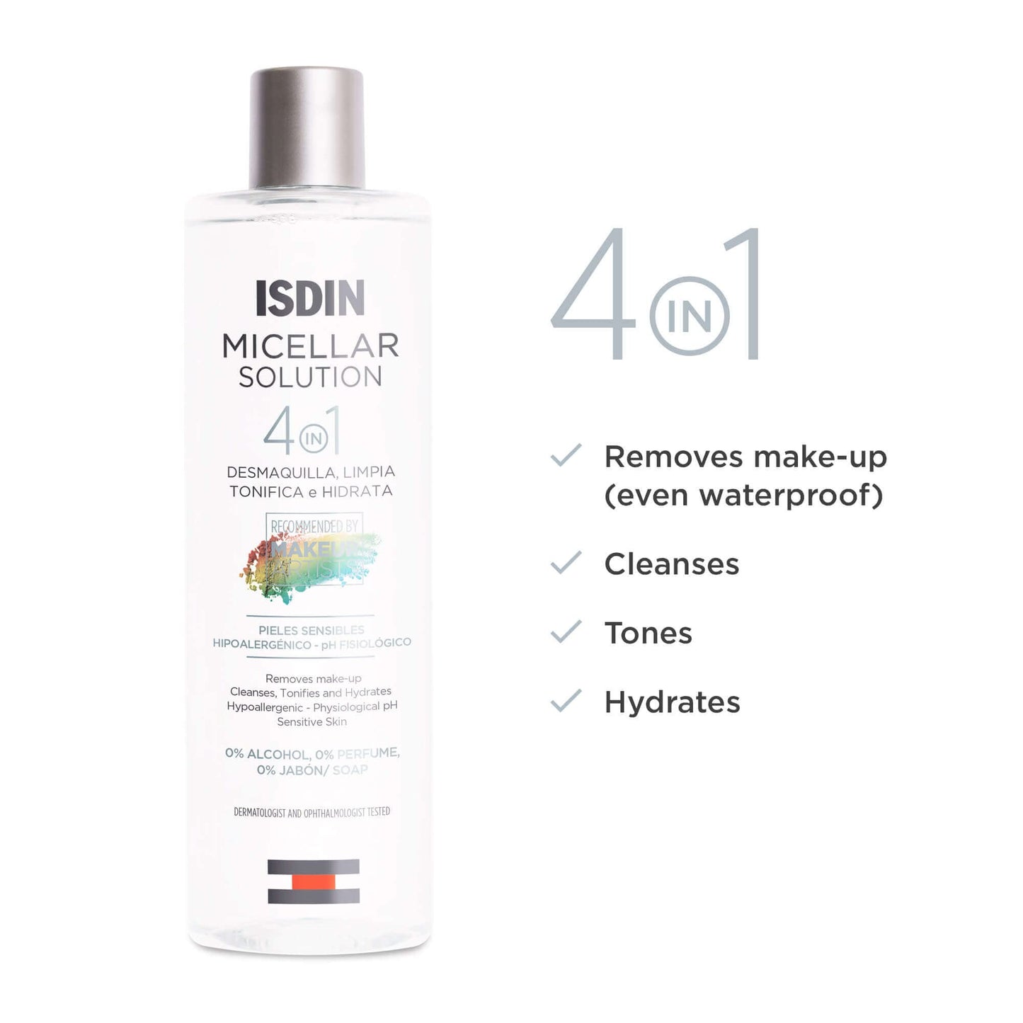 ISDIN Micellar Solution 4 en 1 Agua Micelar: Limpia, Desmaquilla, Hidrata y Tonifica, 400ml