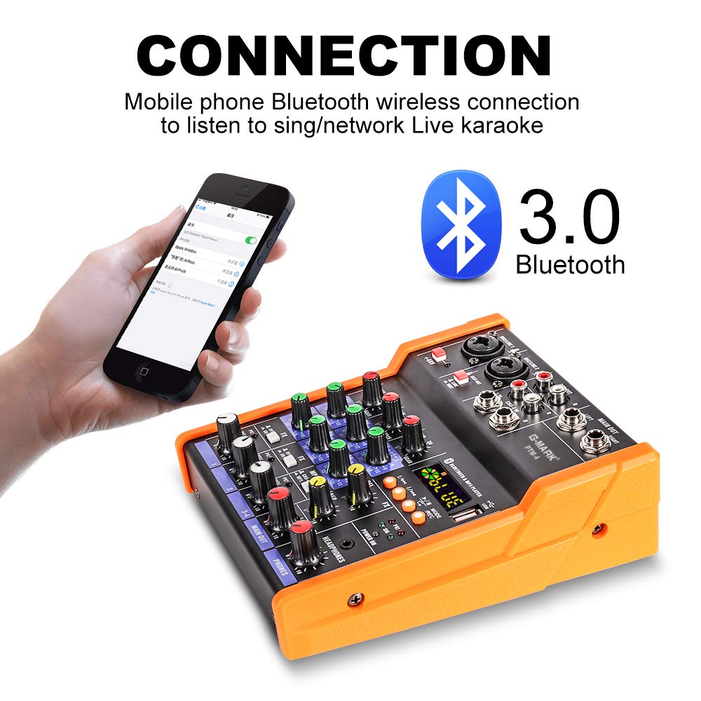 G-MARK Mezcladora de Audio de 4 Canales DJ Mezclador de Audio Digital Interfaz Bluetooth USB Karaoke Consola De Sonido para PC KTV Escenario Grabación, Placa de Sonido Portátil Consola de Mezcla