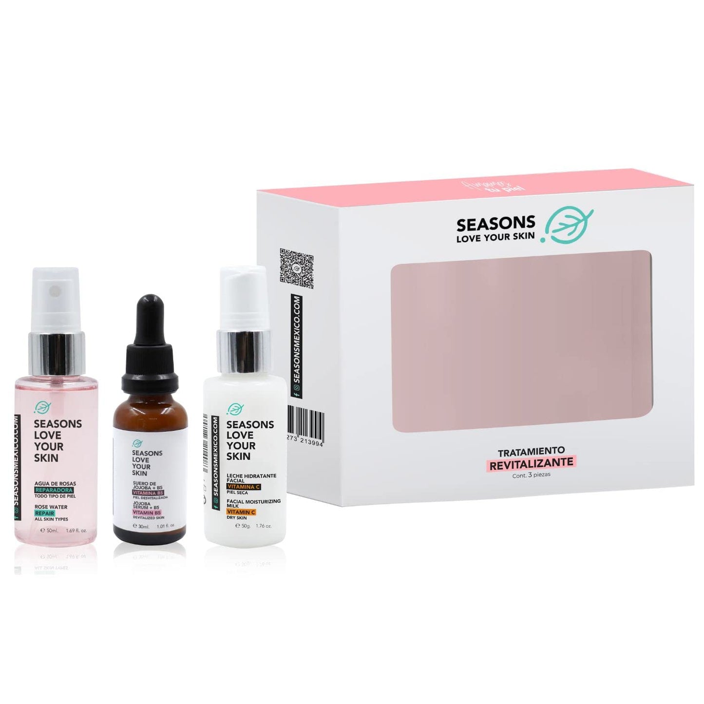 Kit Skincare Tratamiento Facial Revitalizante Seasons | Tónico Agua de Rosas + Serum Facial Jojoba + Hidratante Vitamina C
