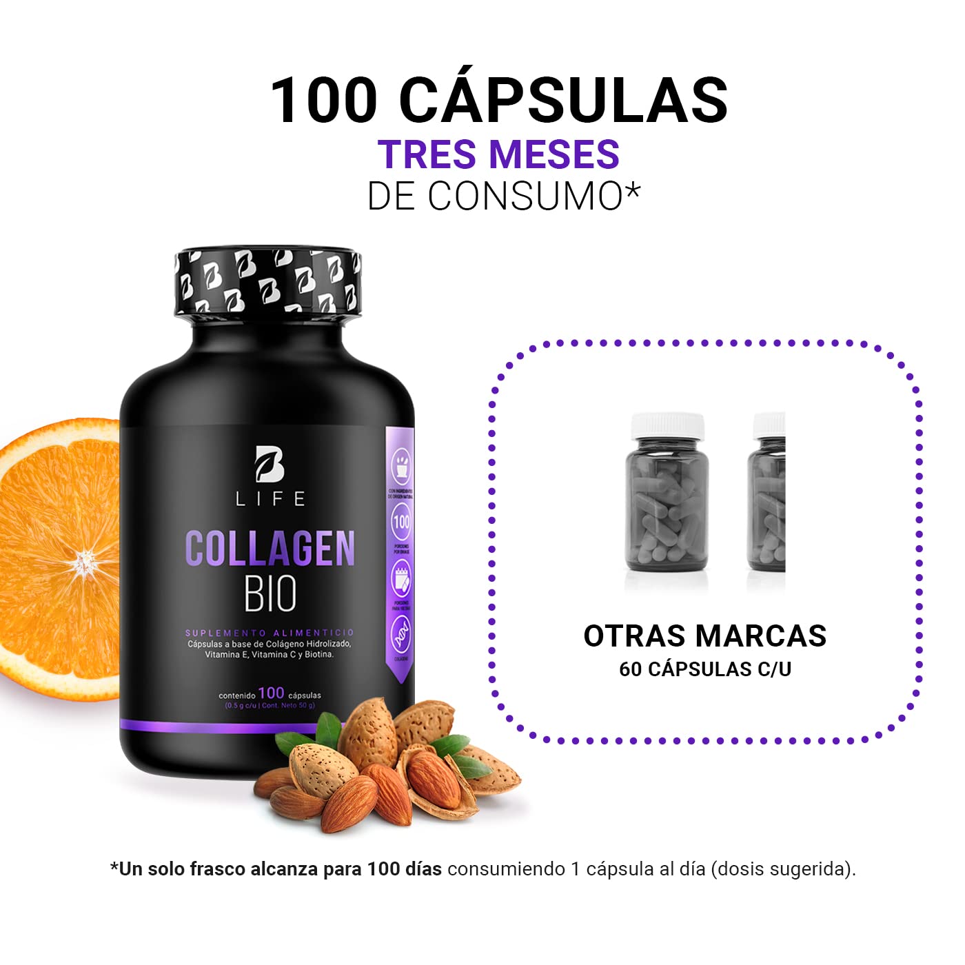 Biotina de 100 Cápsulas. Ingredientes naturales: Colágeno, Vitamina E y Vitamina C. Collagen Bio B Life.