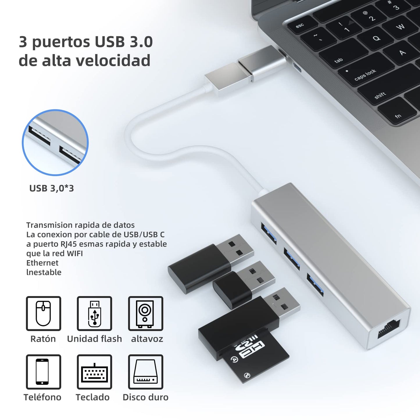 Adaptador USB Ethernet Qzgyoool con USB C y Hub 4 en 1 para PC y Mac