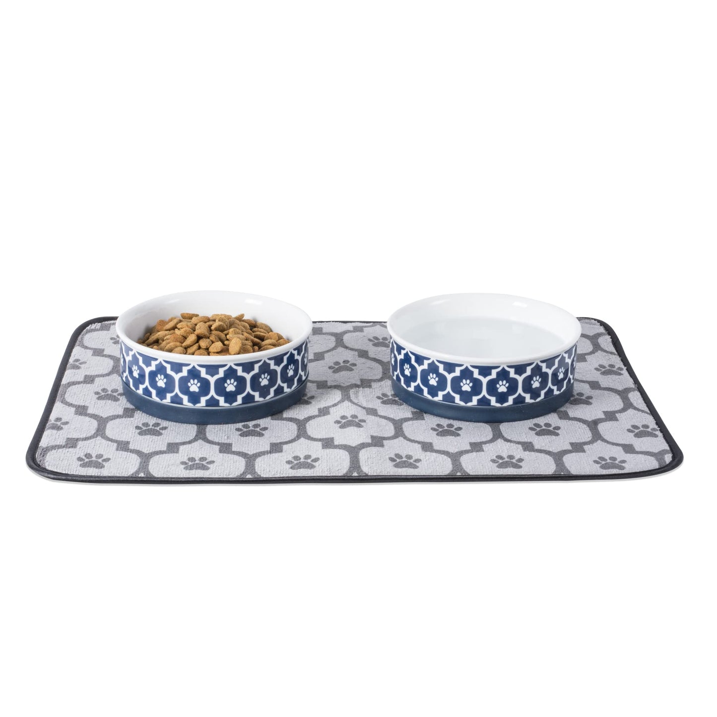 DII Bone Dry Lattice Ceramic Pet Bowl for Food & Water with Non-Skid Silicone Rim for Dogs and Cats (Small - 4.25" Dia x 2"H) Nautical Blue - Set of 2