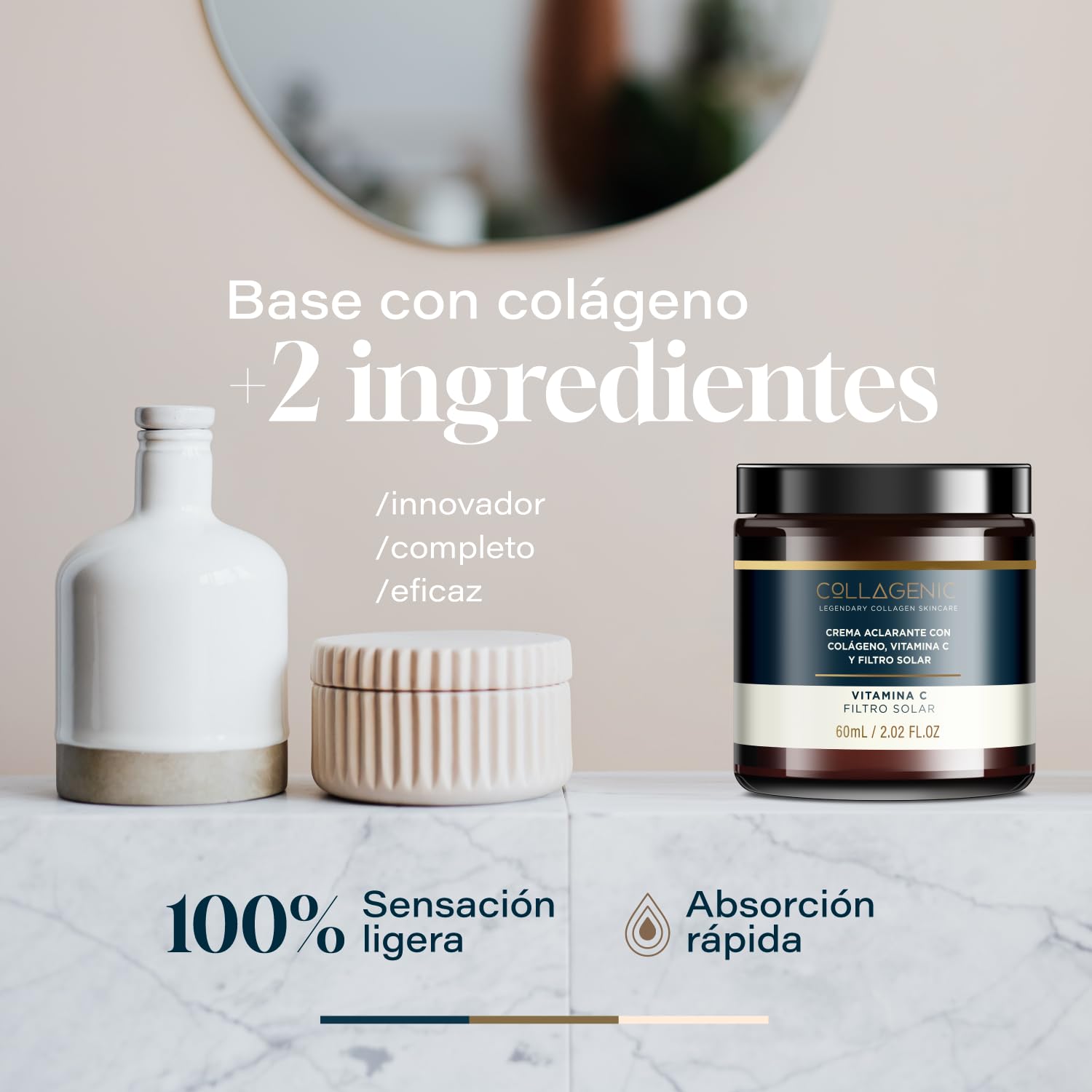 COLLAGENIC Crema Aclarante Facial con Vitamina C y Colágeno Hidrolizado | Crema de Día con Filtros Solares para Unificar el Tono de Piel | Bloqueador Solar Antioxidante para Rostro y Cuello, 60ml