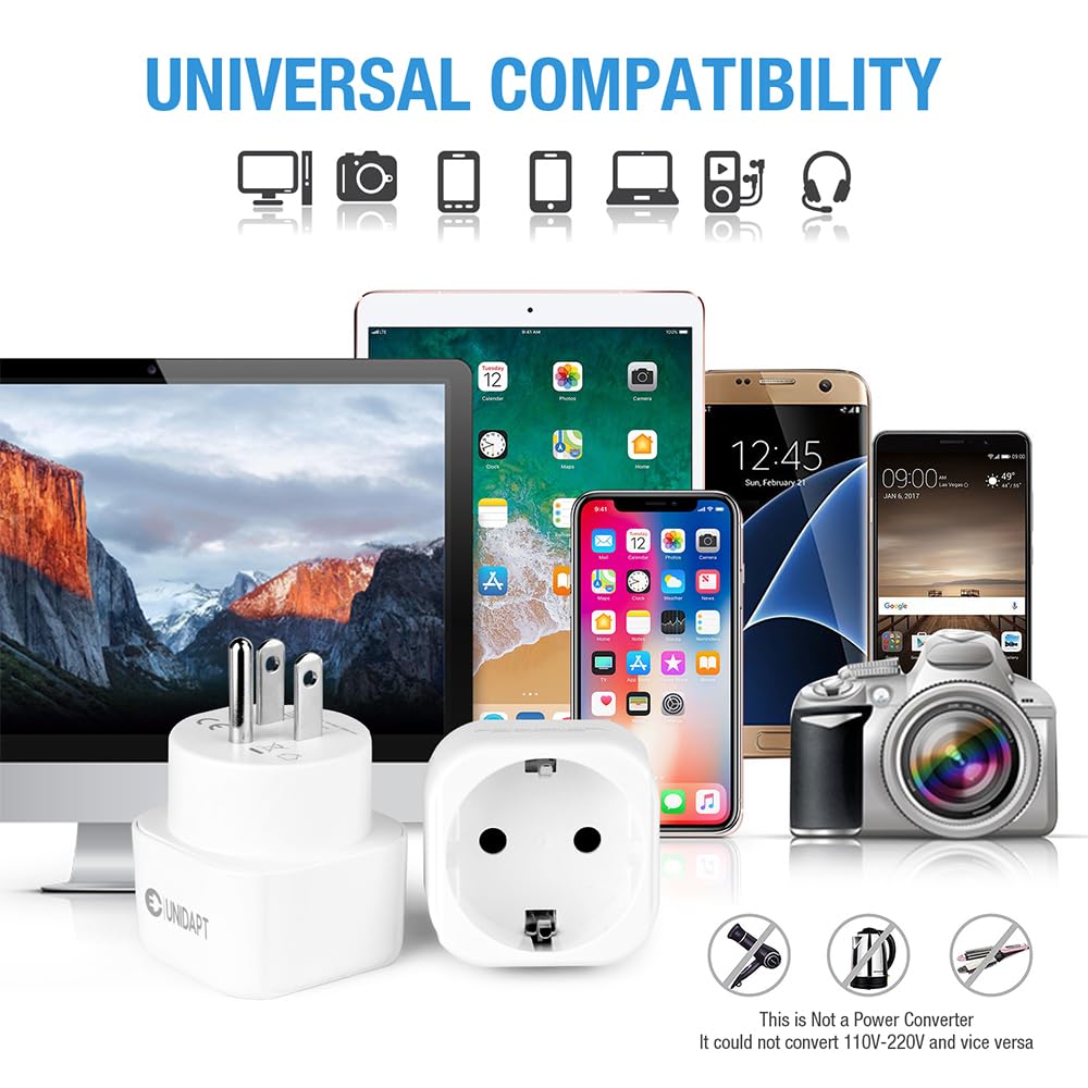 Adaptador de Enchufe Europeo a EE. UU. Unidapt Blanco 2 Paquetes