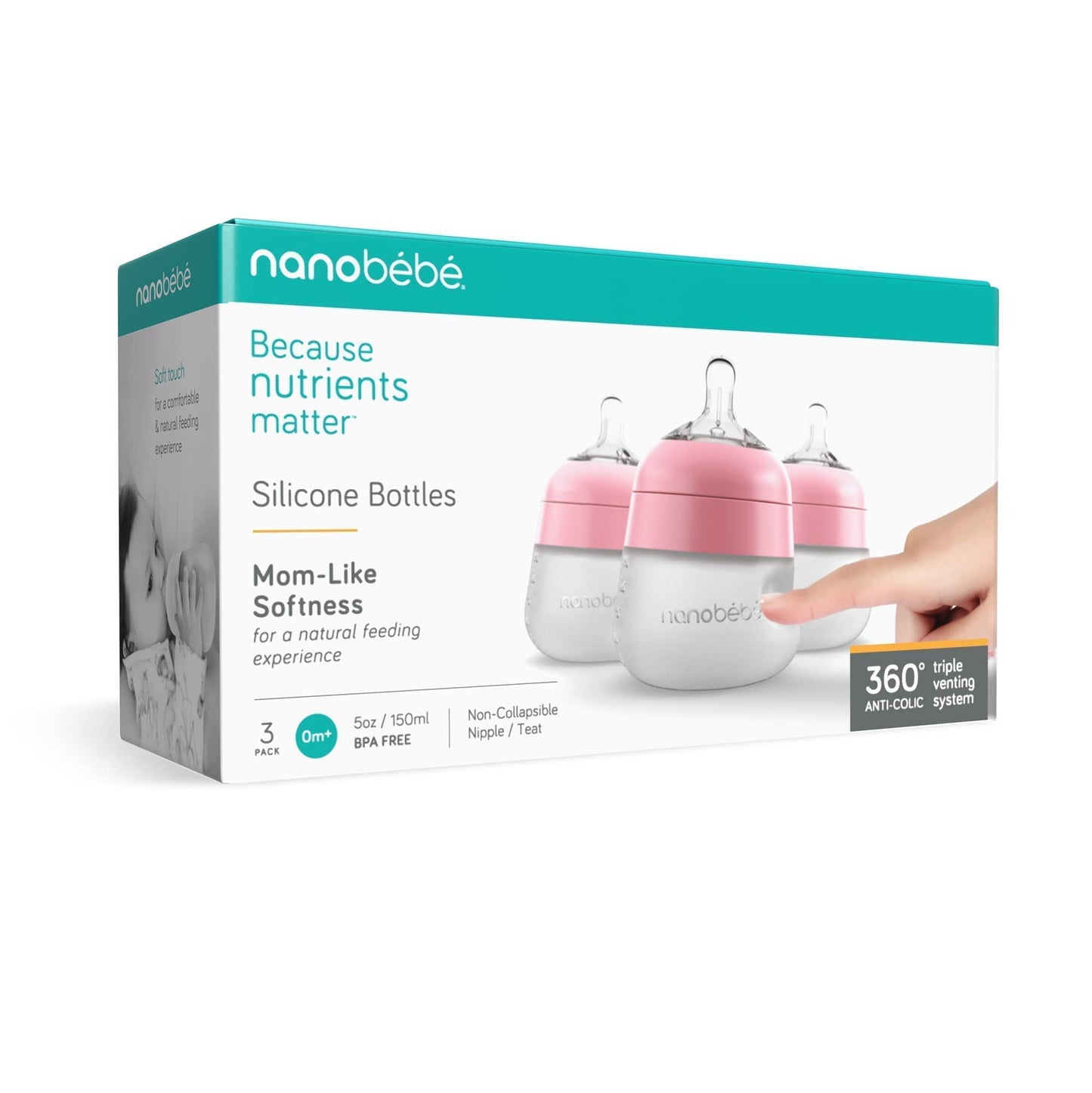 Nanobébé, Biberón de Silicón, 150 ml./ 5Oz. 3Pack Color Rosa