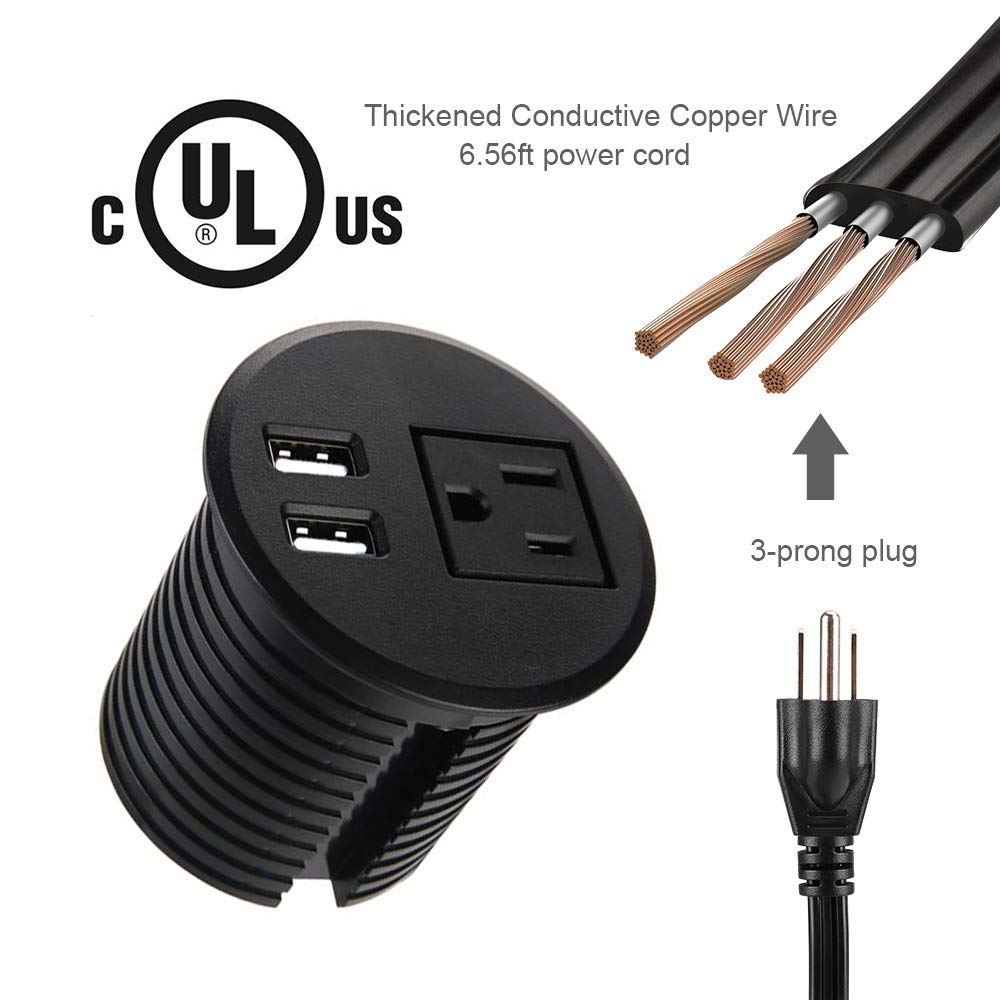 Ojal de alimentación de computadora con ojales de alimentación de 2 3/8 pulgadas con 2 puertos de carga USB, cable de extensión de 6.5 pies con 1 toma de corriente para computadora, mesa, cocina,